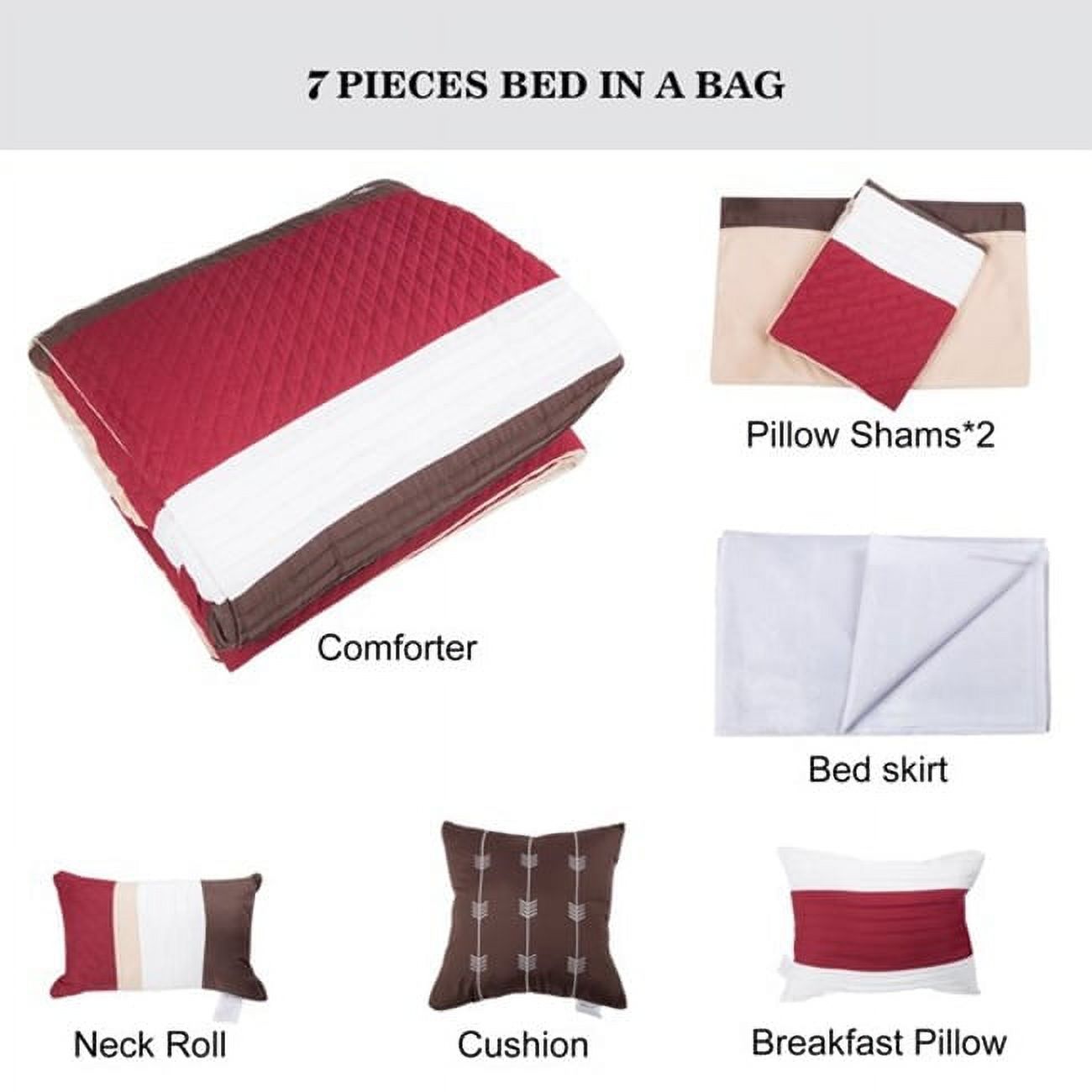 Shatex  Bed In A Bag - 7 Piece Luxury Microfiber Striped Bedding Comforter Set - Oversized Bedroom Comforters Red King