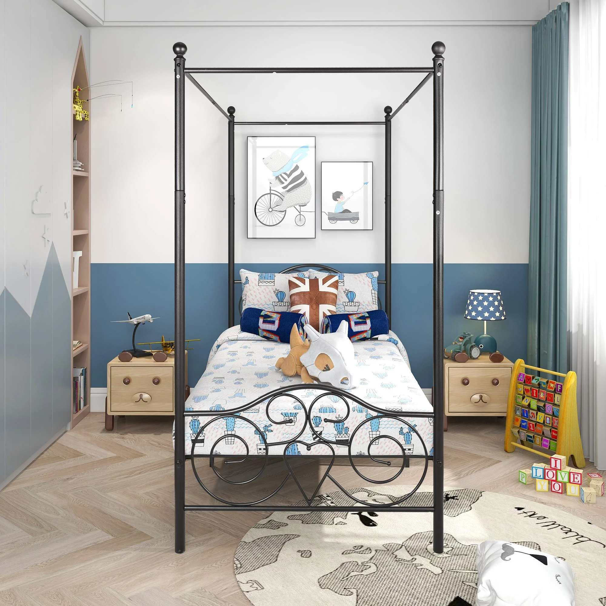 Metal Canopy Platform Bed Frame with Headboard and Footboard, 4-Post Twin size Mattress Foundation, Modern Single Bed Frame, Noise Free, Easy Assembly (Black)