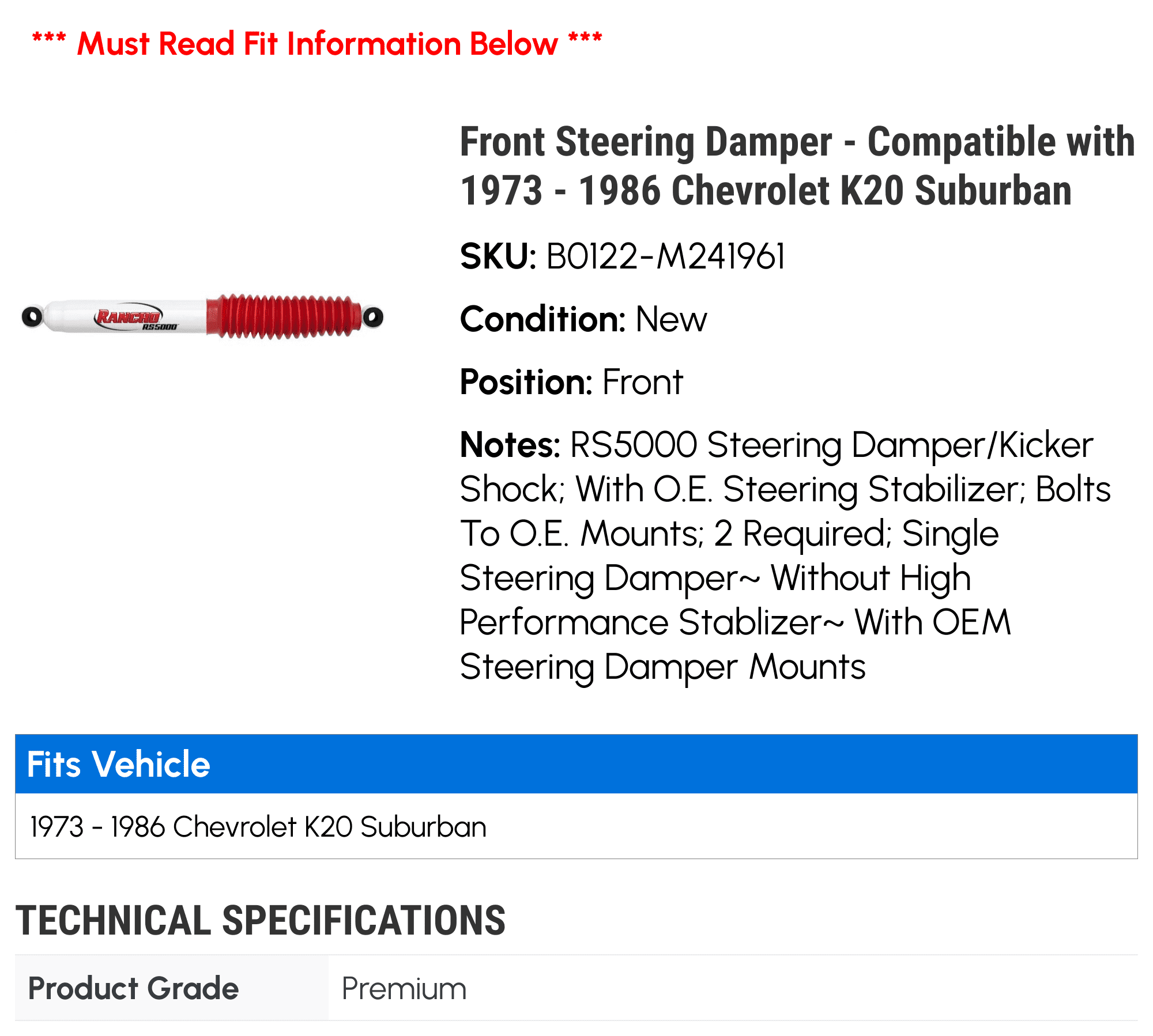 Front Steering Damper - Compatible with 1973 - 1986 Chevy K20 Suburban 1974 1975 1976 1977 1978 1979 1980 1981 1982 1983 1984 1985