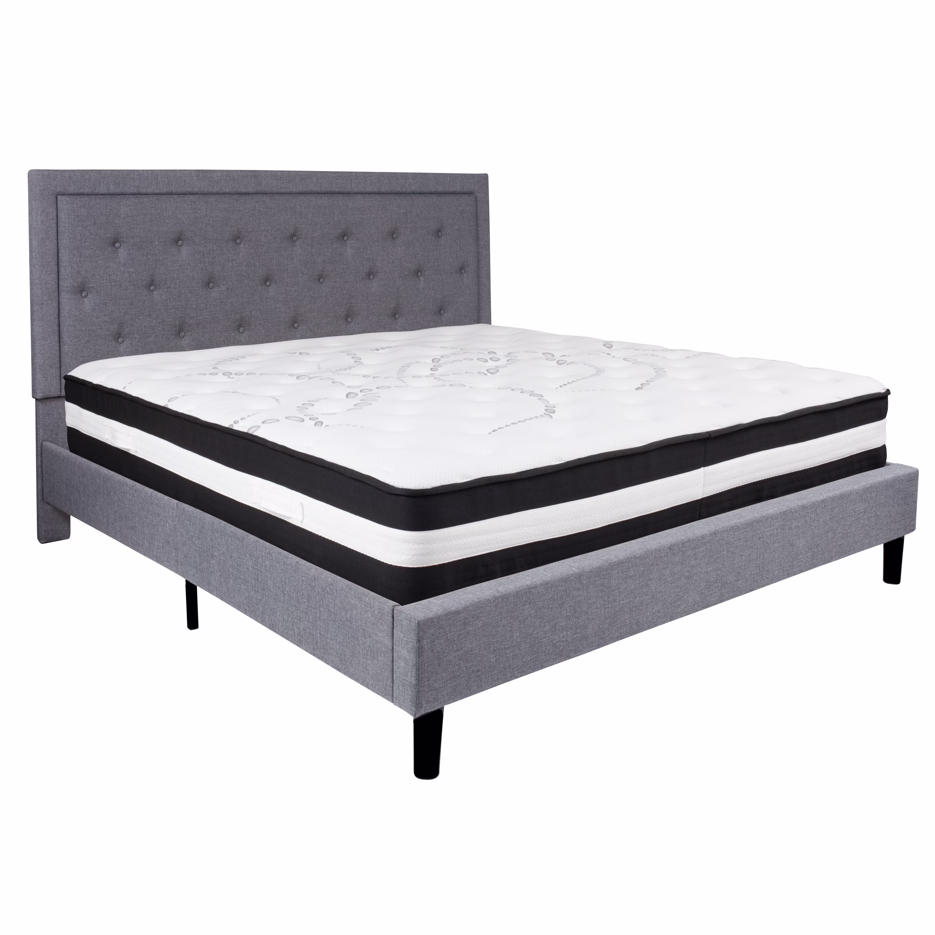 Flash Furniture Roxbury King Size Tufted Upholstered Platform Bed in Light Gray Fabric with Pocket Spring Mattress