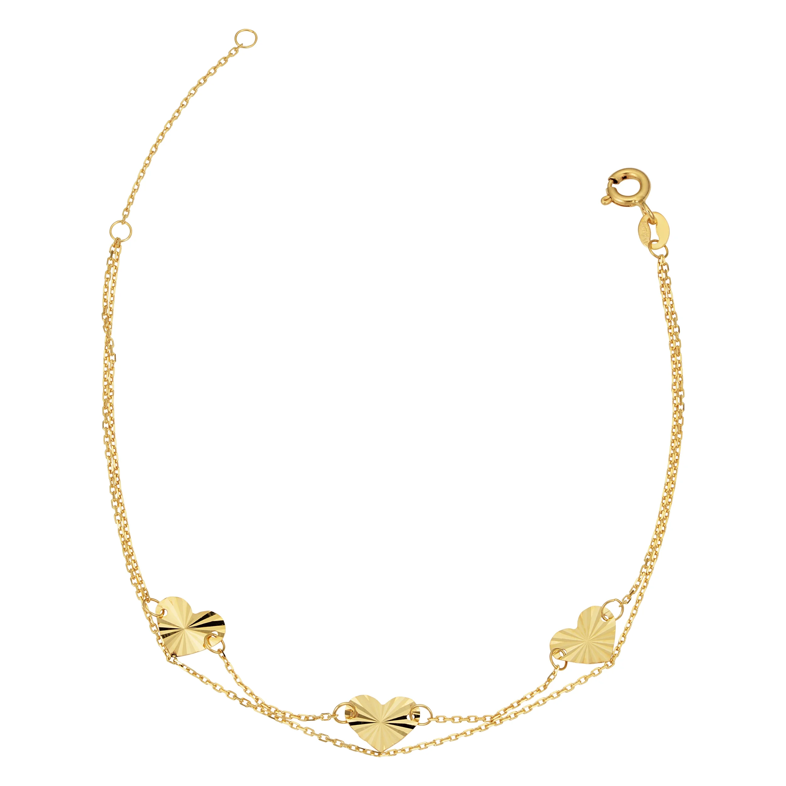 Kooljewelry 14k Yellow Gold Double Strand Diamond-Cut Heart Bracelet (adjusts to 6.5 or 7.5 inch)