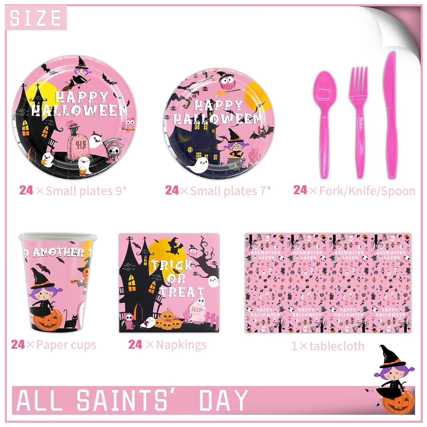 Halloween Party Supplies Serve 24, Pink Print with Haunted House Halloween Party Dinnerware Set Disposable Paper Plates with Napkins Cups Tablecloth for Spooky Halloween Party Decorations