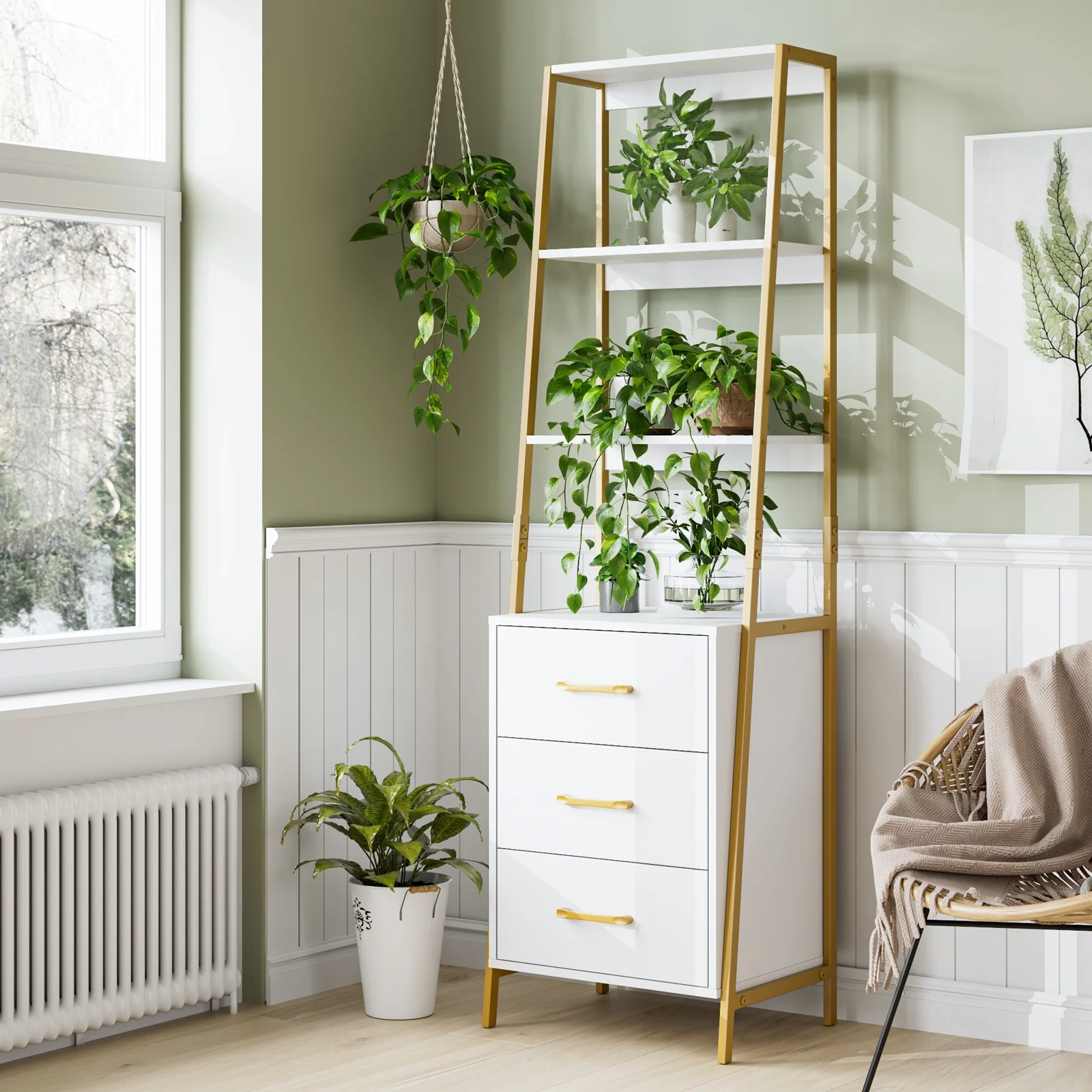 Homfa Trapezoidal Bookshelf, 3-Tier Open Storage Shelves with 3 Drawers, White and Gold Finish