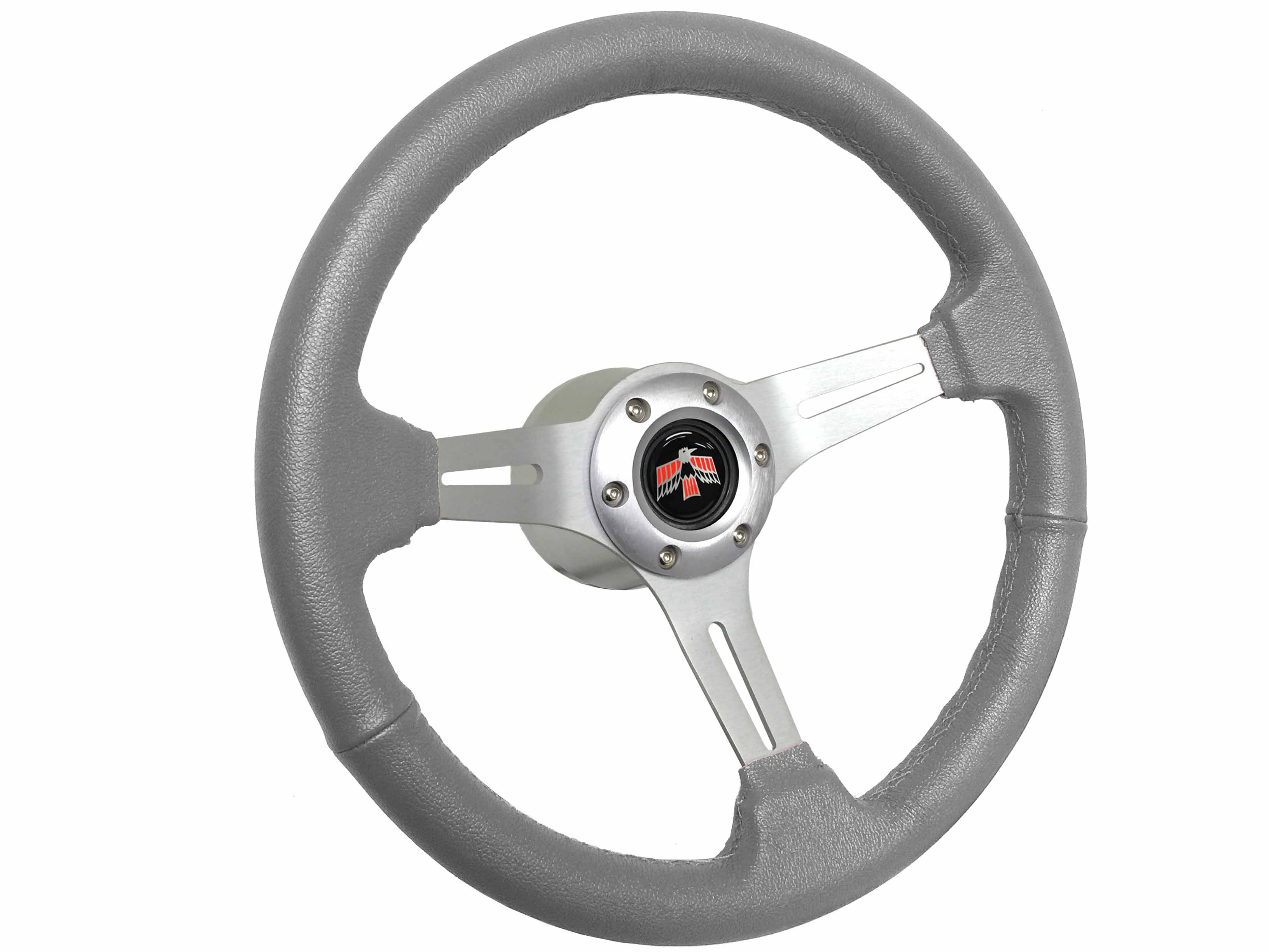 1969-1989 Pontiac Firebird; VSW 6-Bolt Gray Leather Steering Wheel Brushed Aluminum Kit, 67-69 Firebird Emblem