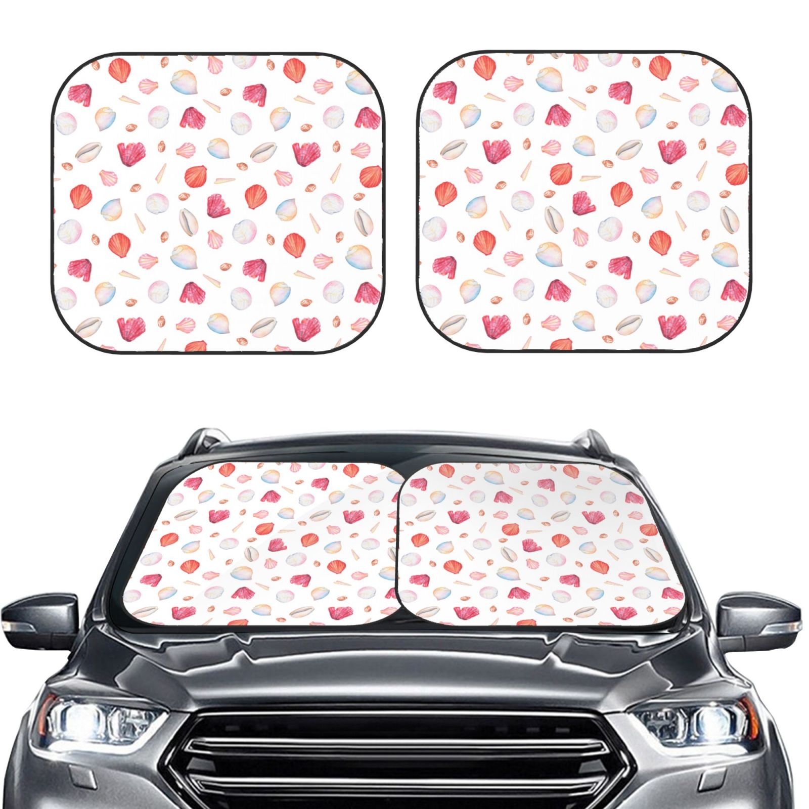 Lukts Red Coral And Scallop Seashell Print 2 Piece Car Sun Shade Windshield,Foldable Car Shade Front Windshield With Keeps Your Vehicle Cool, For Most Sedans Suv And Trucks - Small