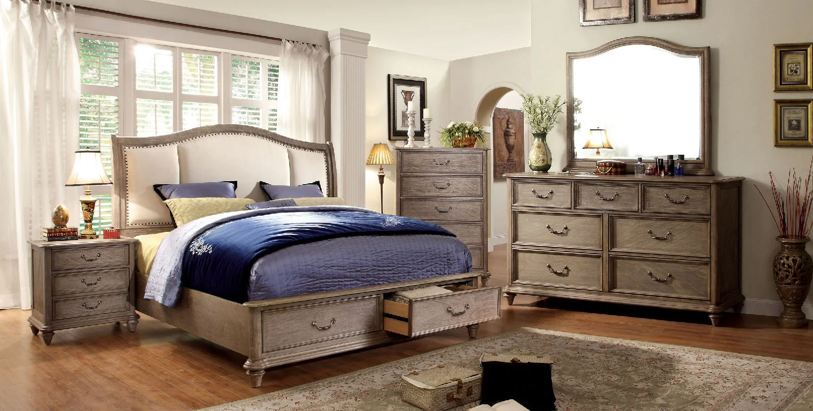 Antique Modern Padded Fabric HB Storage FB Platform Queen Size Bed Rustic Natural Tone Finish w Matching Dresser Mirror Nightstand 4pc Set