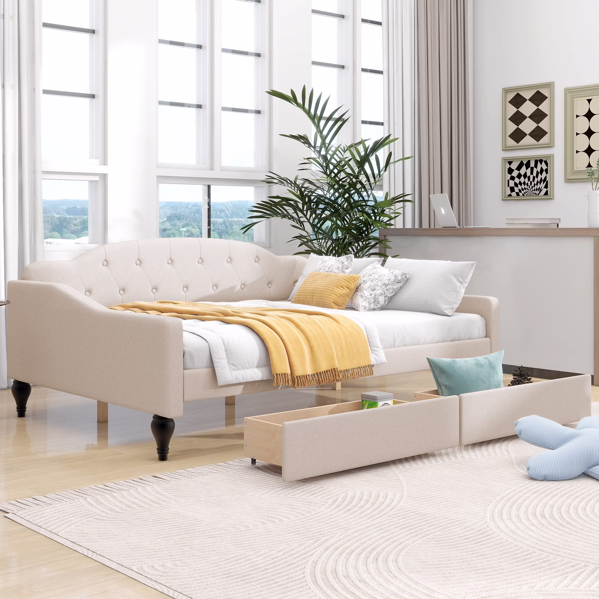 CoSoTower Full Size Upholstered Tufted Daybed with Two Drawers, Beige