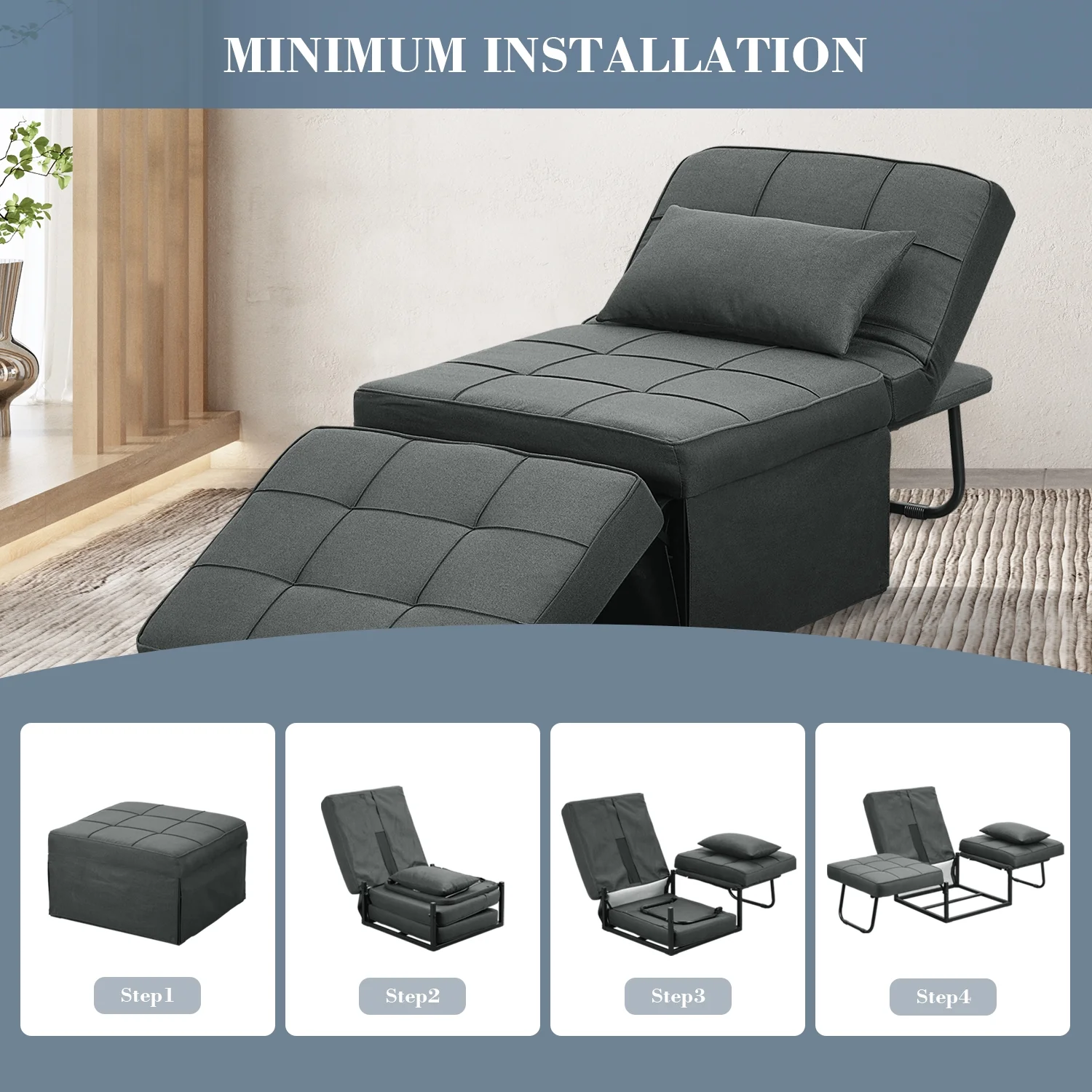 Ainfox Folding Sofa Bed, Convertible Ottoman Chair Chaise Sofa Bed 4 in 1 Multi-Function Modern Breathable Linen Couch Bed Guest Bed Lounge with Adjustable Sleeper ,Dark Grey