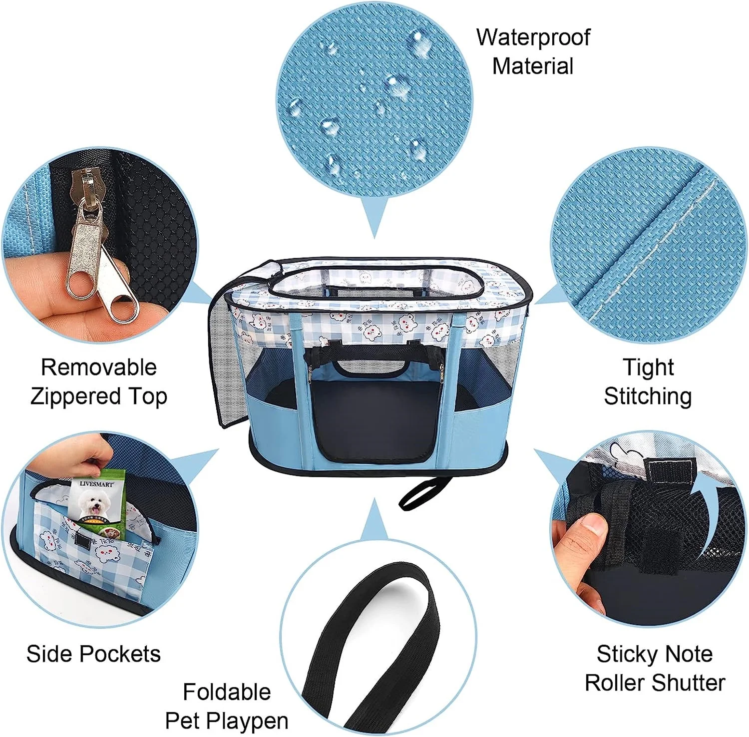 Portable Pet Playpen, Foldable Exercise Play Tent Kennel Crate for Puppy Dog Cat Bunny, Great for Indoor Outdoor Travel Camping Use, 300D Oxford