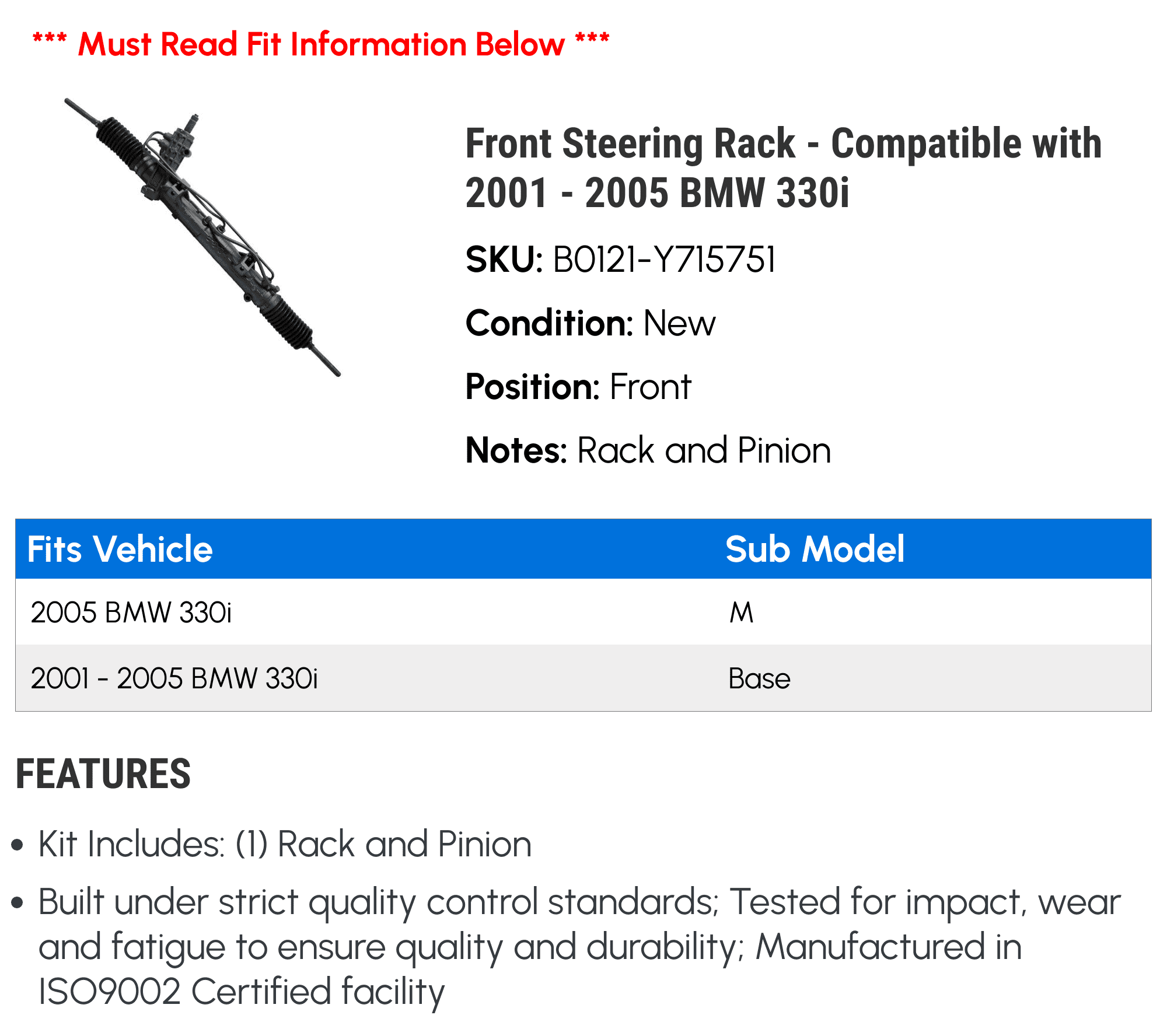 Front Steering Rack - Compatible with 2001 - 2005 BMW 330i 2002 2003 2004