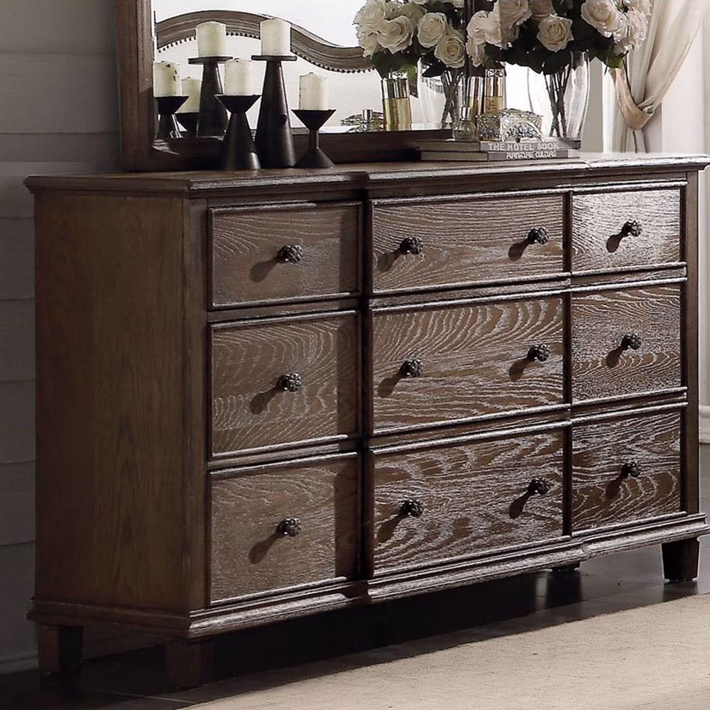 ACME Baudouin 9 Drawer Wooden Dresser in Weathered Oak