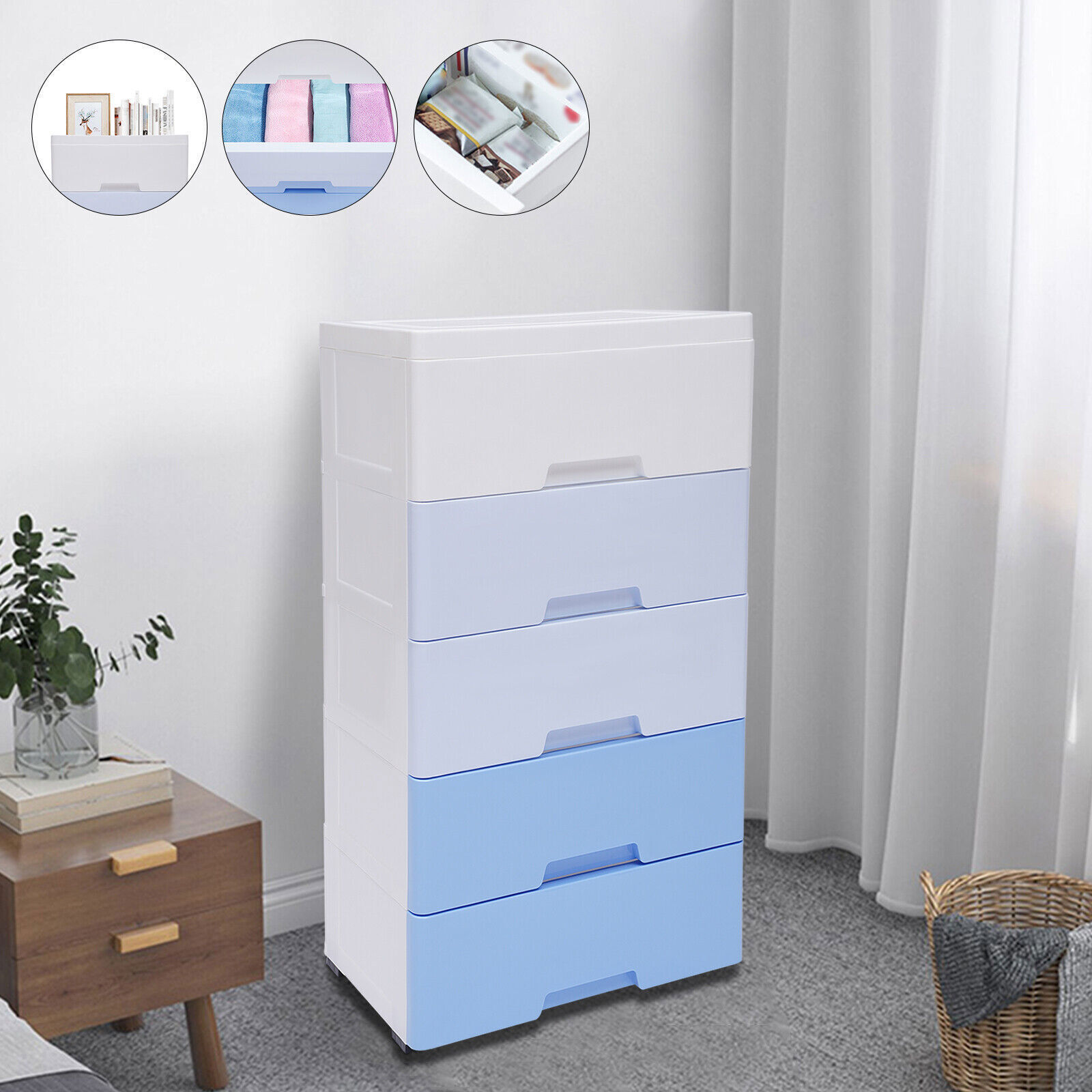 Plastic Drawer Dresser for Bedroom,5 Drawer Stackable Vertical Storage Tower Tall Dressers with Casters,Large Containers for Storing Arts, Crafts, Clothes and Toys(5-Layer,Blue Gradient)