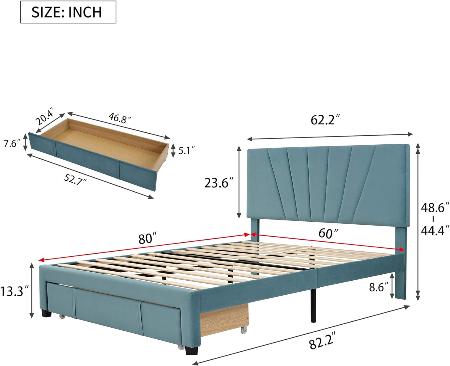 Sorage Bed Velve Upholsered Plaform Bed Frame Wih A Big Drawer,Queen Size Wooden Sla Suppor, No Box Spring Needed