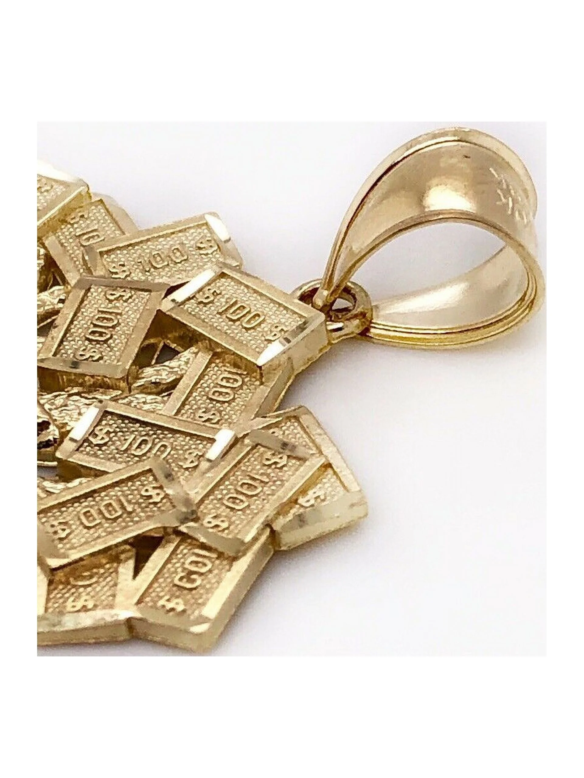 10K Yellow Gold Diamond Cut $100 Lucky Money Bag Tree Dollar Pendant 3.8 Gr Mens
