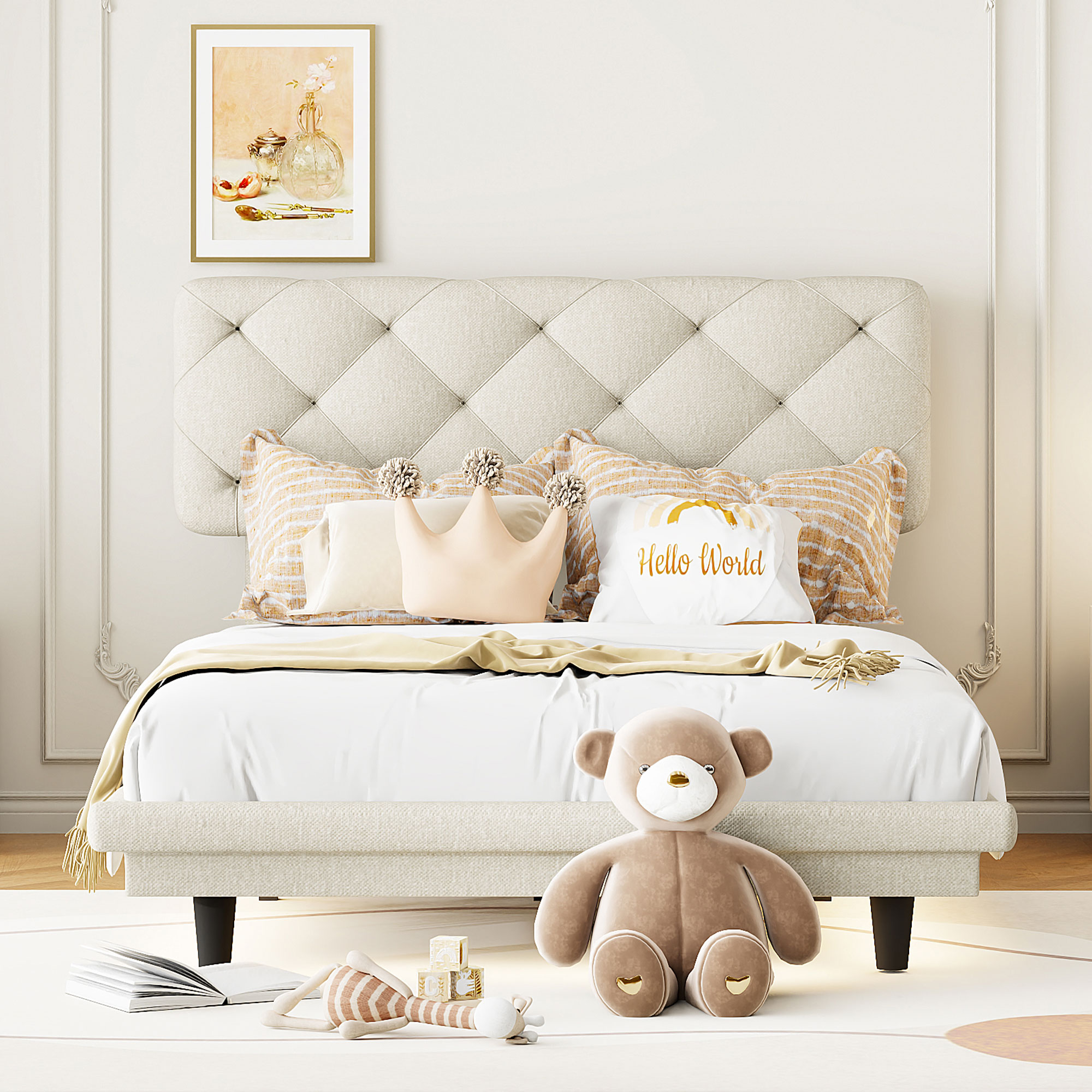 CoSoTower Twin Size Upholstered Bed with Light Stripe, Floating Platform Bed, Linen Fabric,Beige