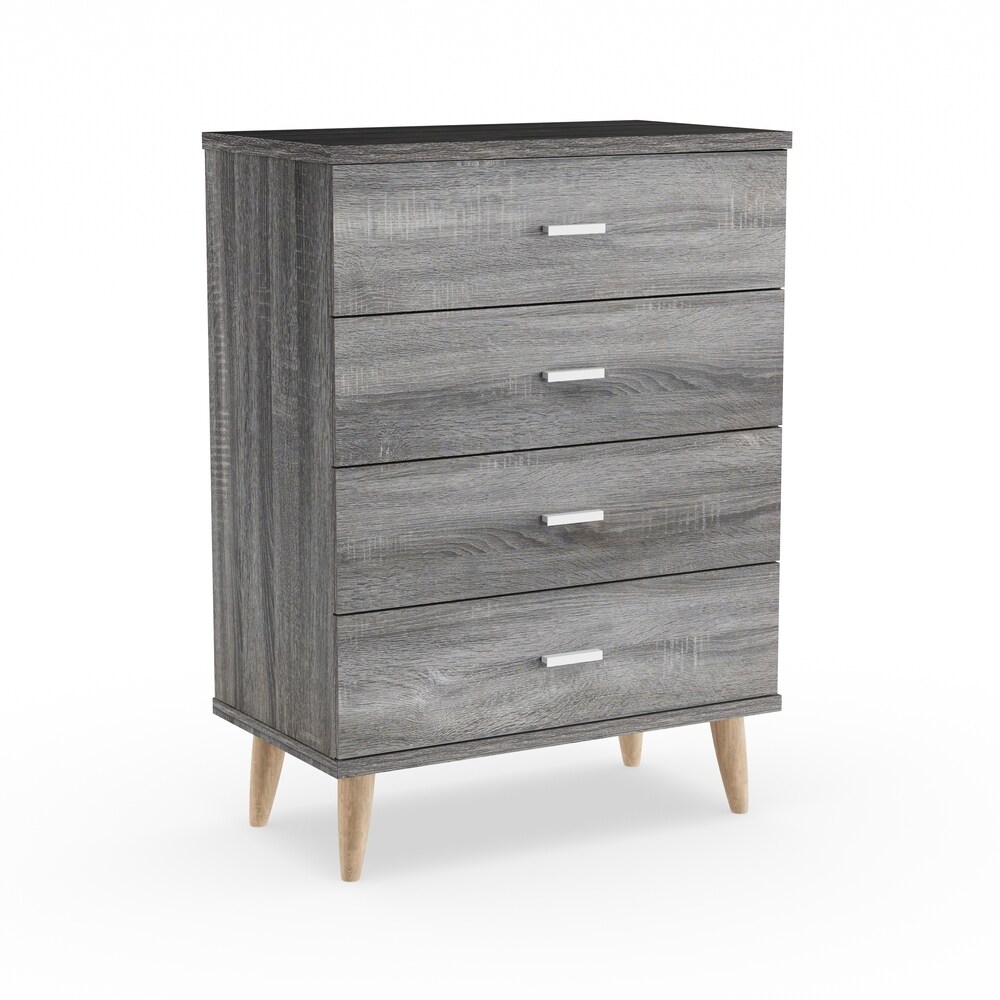 Denhour DH BASIC Mid-Century Modern Distressed Grey 4-Drawer Chest with Bar Pulls by