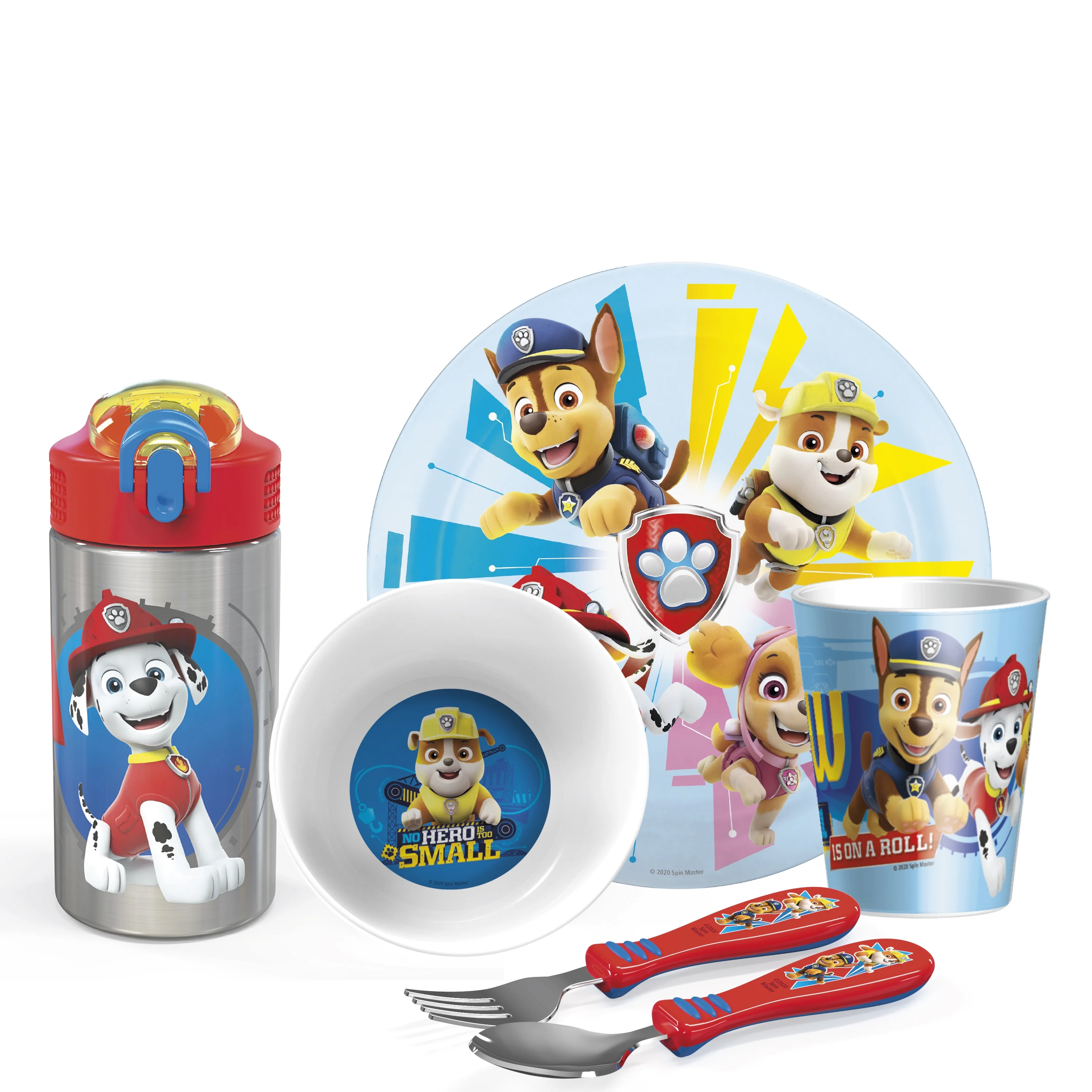 Zak Designs 6 pcs PAW Patrol Kids Dinnerware Set Melamine Stainless Steel Plate Bowl Tumbler Flatware Water Bottle, Marshall, Skye and Friends