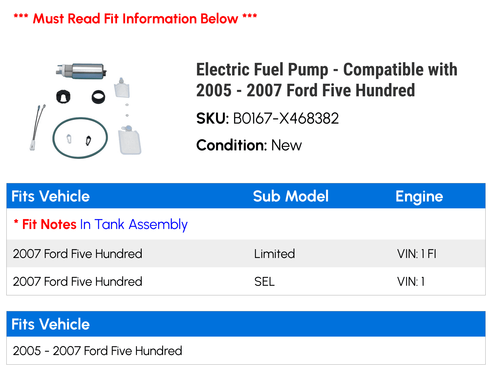 Electric Fuel Pump - Compatible with 2005 - 2007 Ford Five Hundred 2006