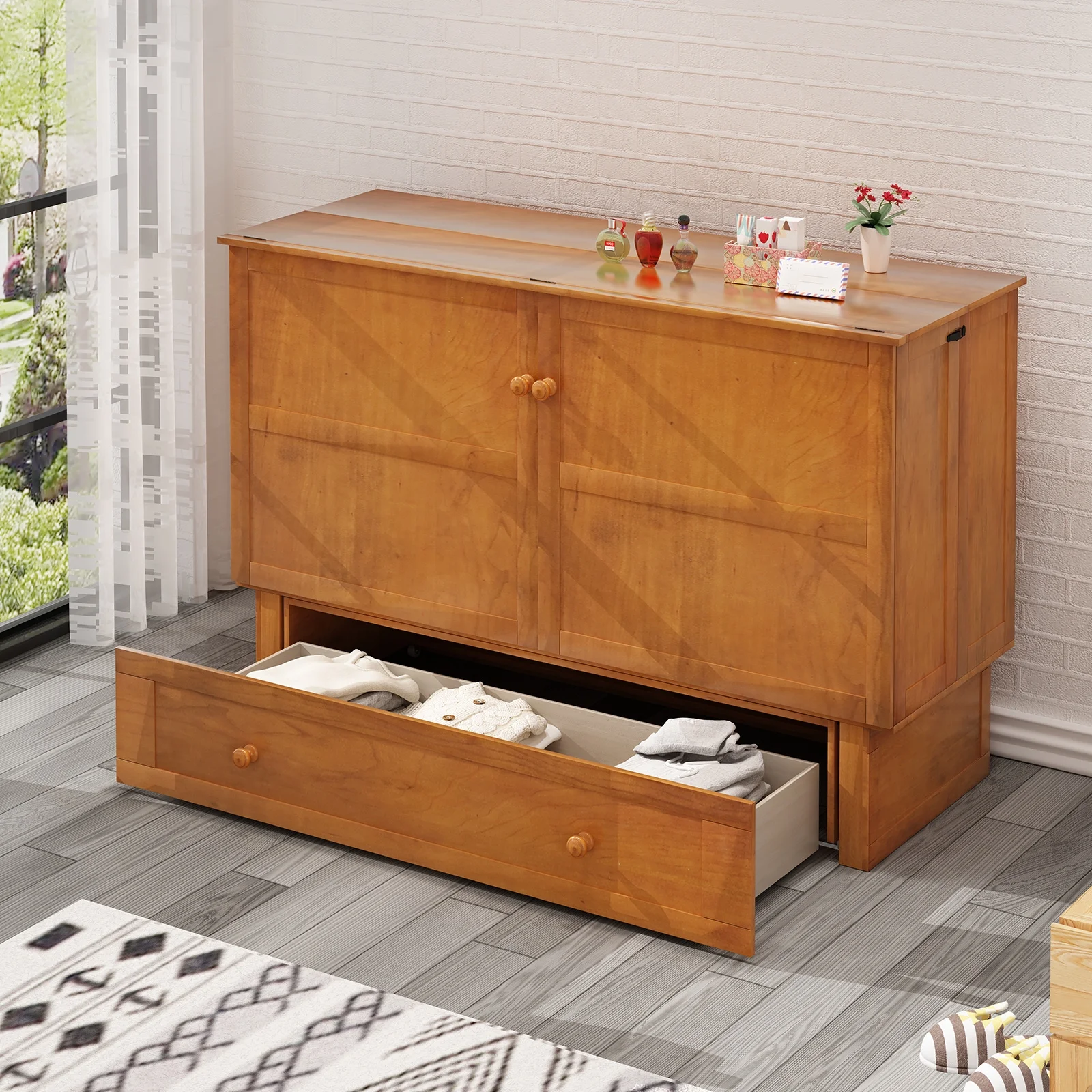 MUZZ Murphy Bed with Trifold Foam Mattress, Cabinet Bed has USB Charging Station, Queen Size Cabinet Chest Bed with Large Drawers for Living Room/Bedroom (Cherry)