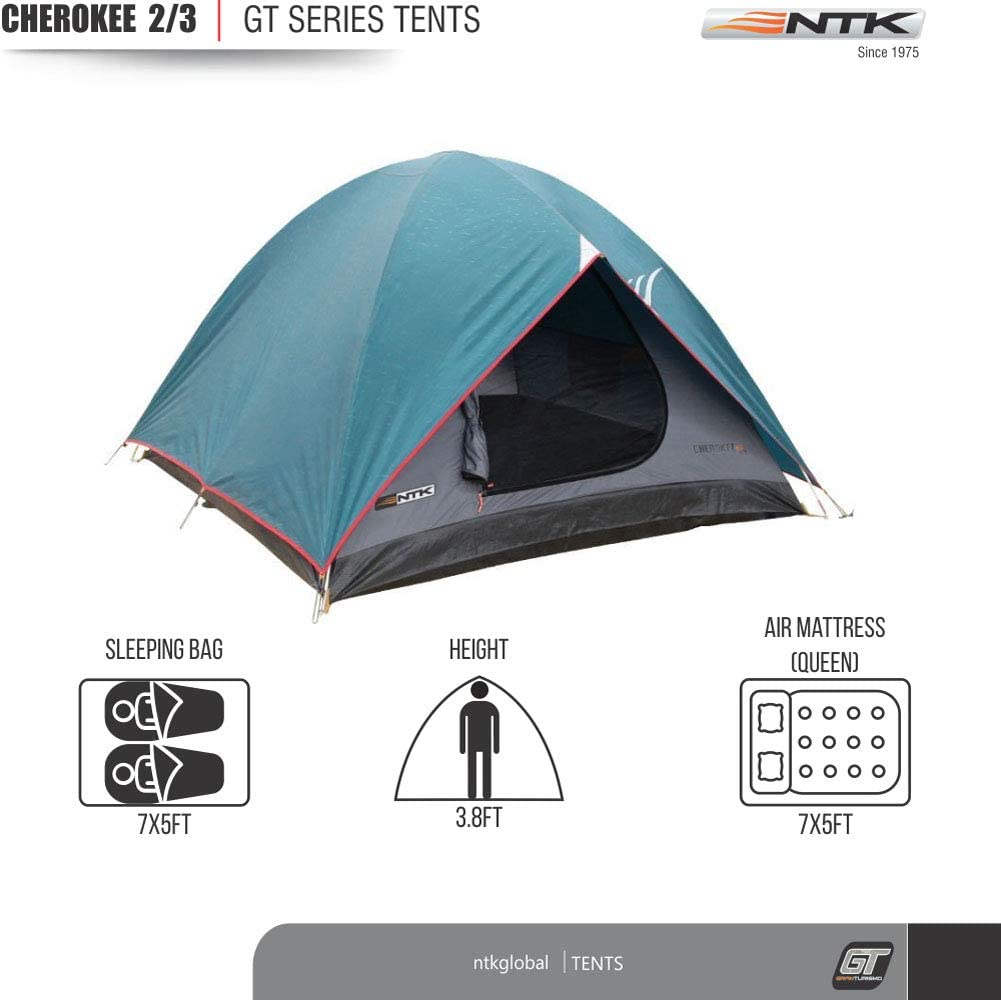 NTK Cherokee GT 2 to 3 Person 7 by 5 Foot Sport Camping Dome Tent 100% Waterproof 2500mm