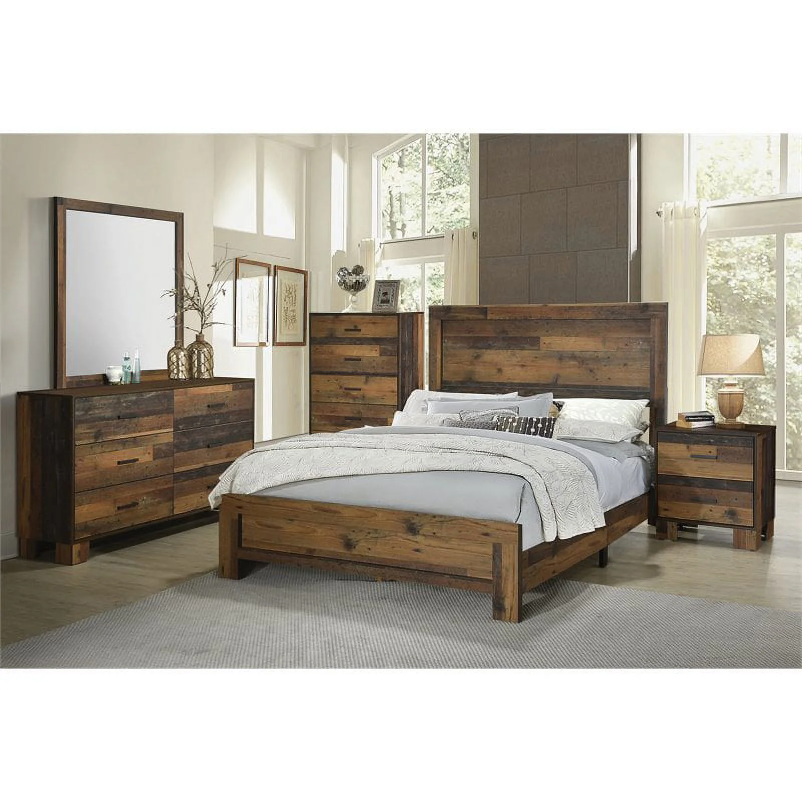 Pemberly Row 4-Piece Farmhouse Wood Queen Panel Bedroom Set in Brown