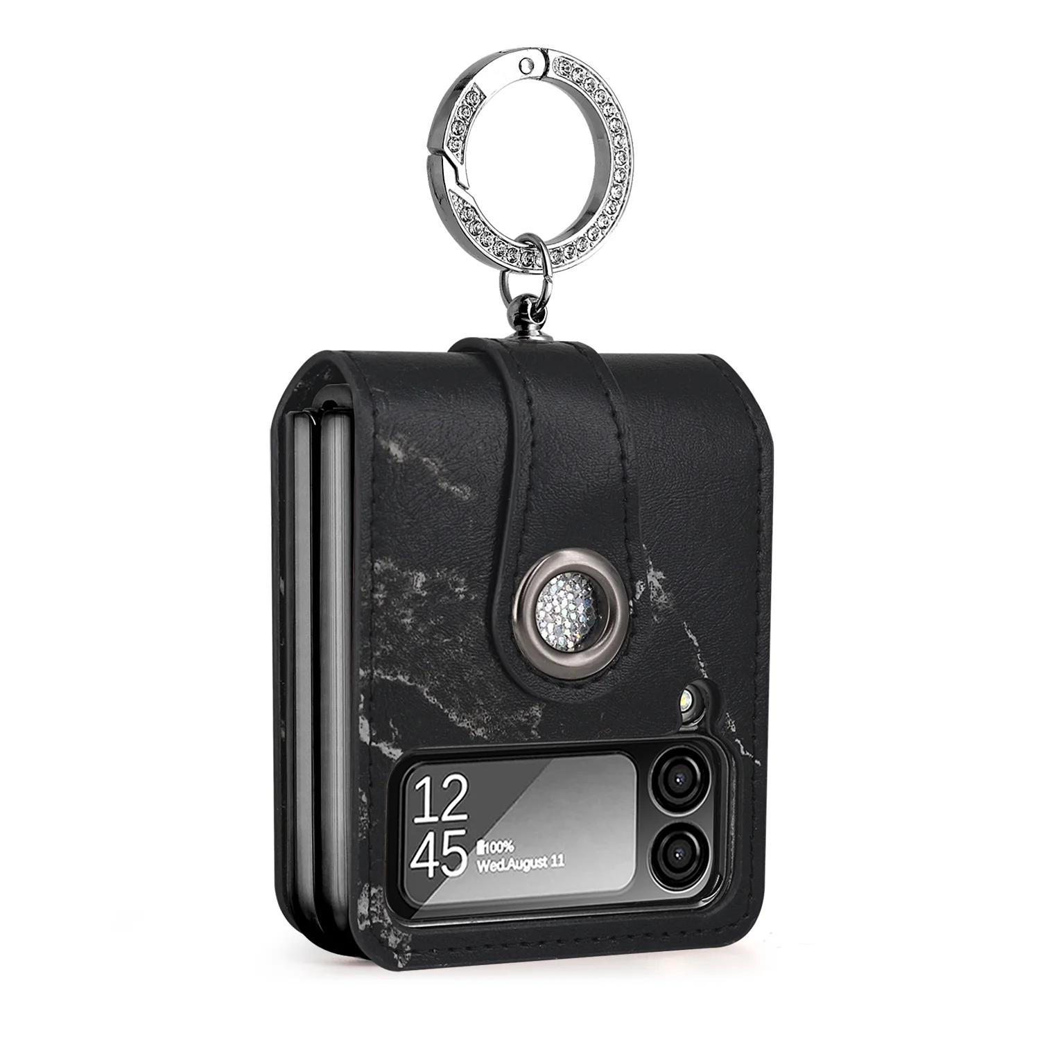 Decase for Samsung Galaxy Z Flip 4 5G Case,Luxury Glitter Shiny Diamond Ring Holder Cover, Patterned Leather Stand Cover Sparkle Phone Case for Samsung Galaxy Z Flip 4 5G, Black