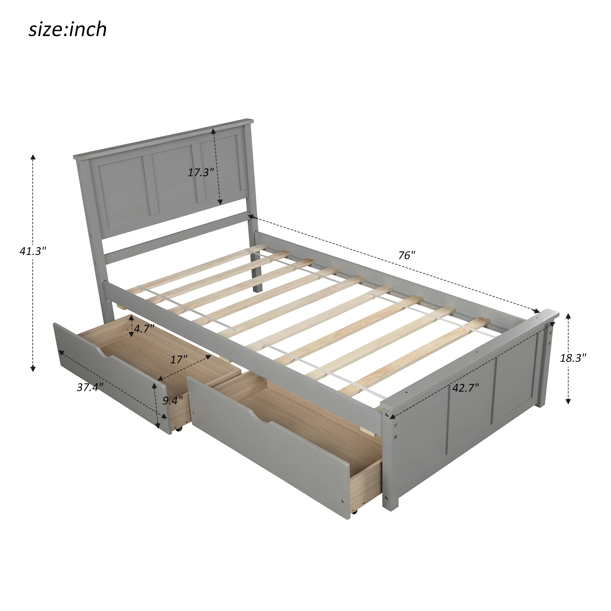 Tenozek Twin Size Platform Bed with 2 Drawers Storage for Kids Teens and Adult, Gray
