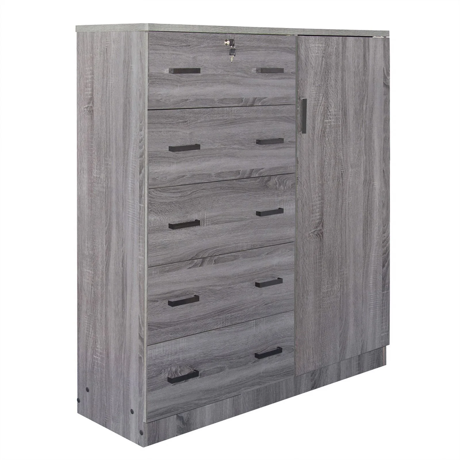 Pemberly Row 5 Drawer Wooden Tall Chest Wardrobe in Gray Finish