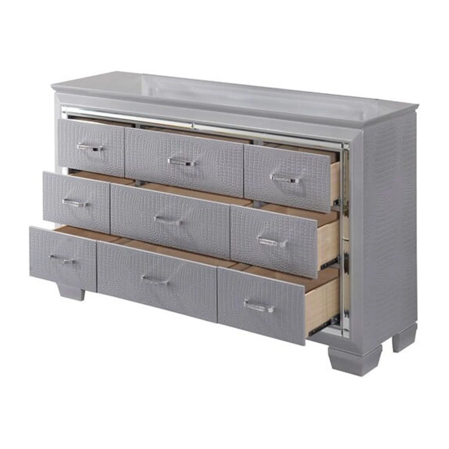 Benjara BM215129 9 Drawers Textured Wooden Frame Dresser with Beveled Mirror Inserts, Gray