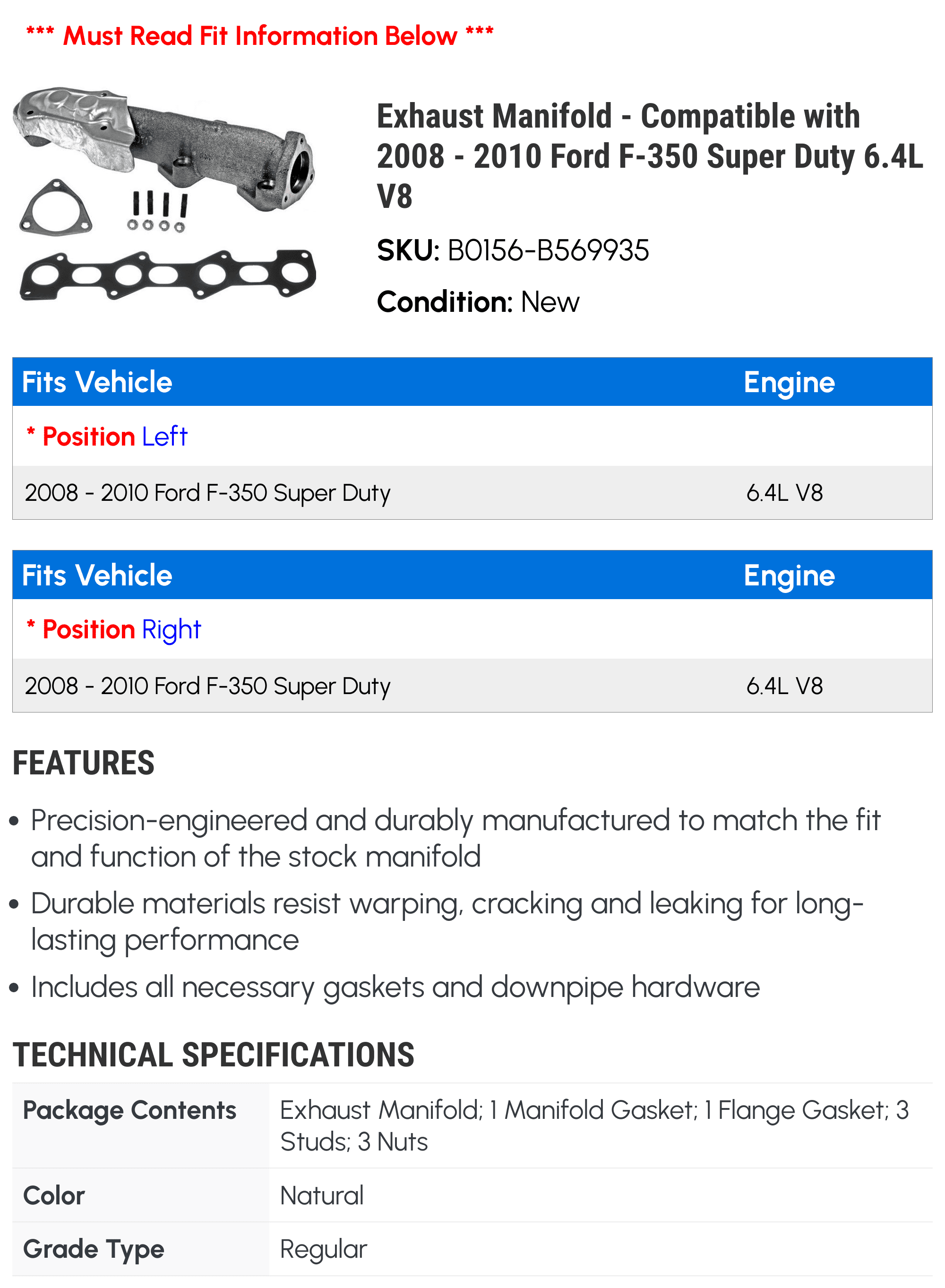 Exhaust Manifold - Compatible with 2008 - 2010 Ford F-350 Super Duty 6.4L V8 2009