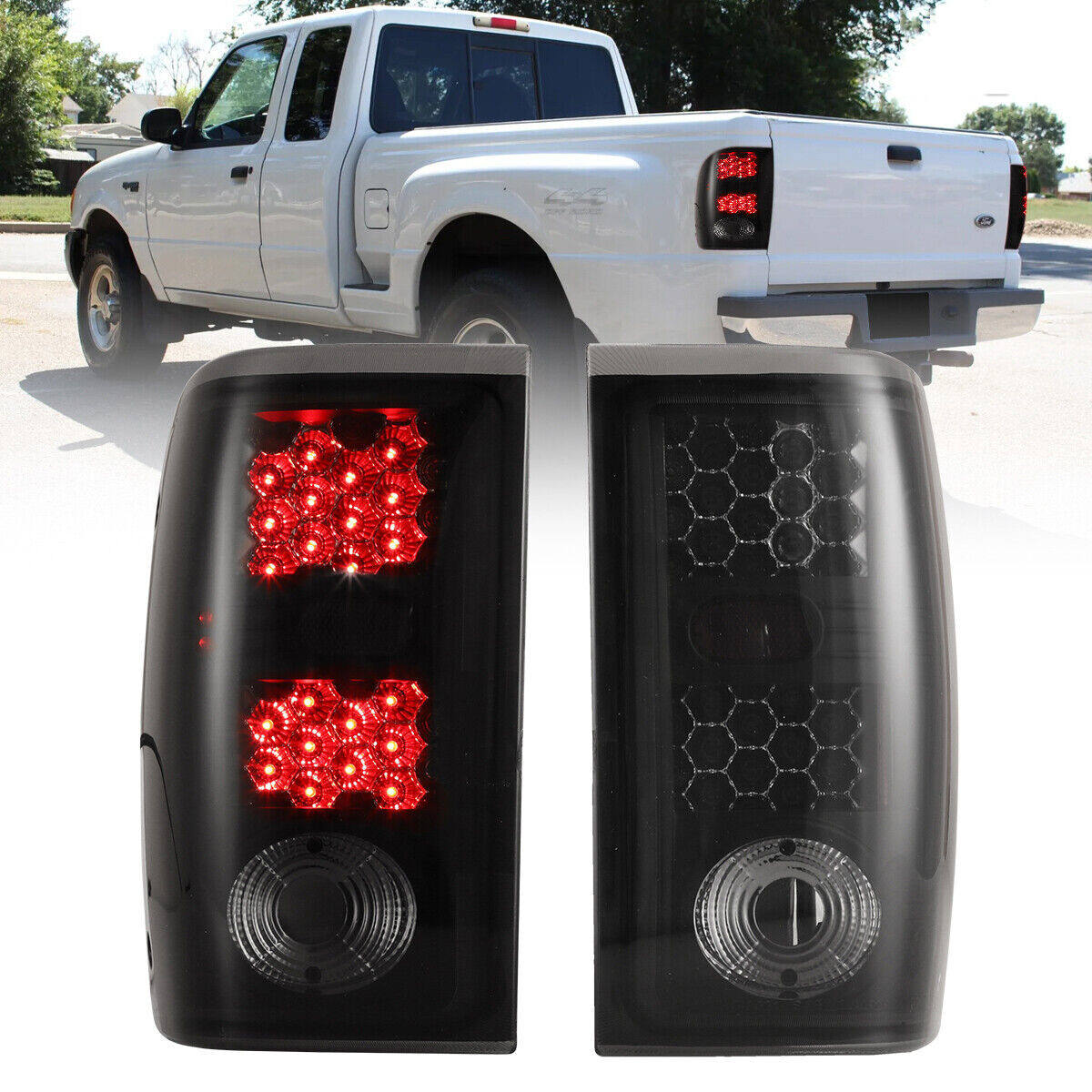 LED Tail Lights for 2001-2005 Ford Ranger Rear Brake Lamps Black Smoke lens Pair