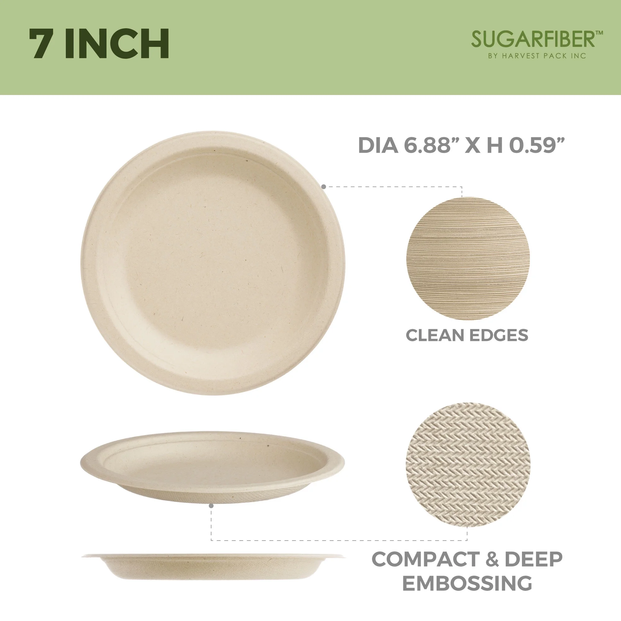 Sugarfiber Disposable 7 inch Compostable Natural Round Paper Plates Sturdy Bagasse 125 Count