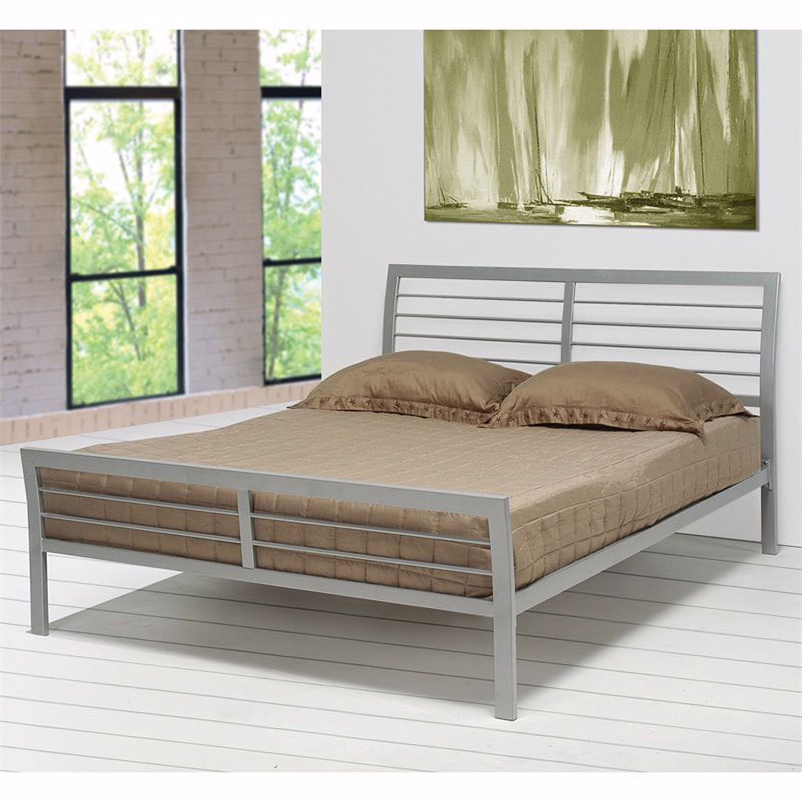 Bowery Hill Queen Metal Sleigh Bed in Silver