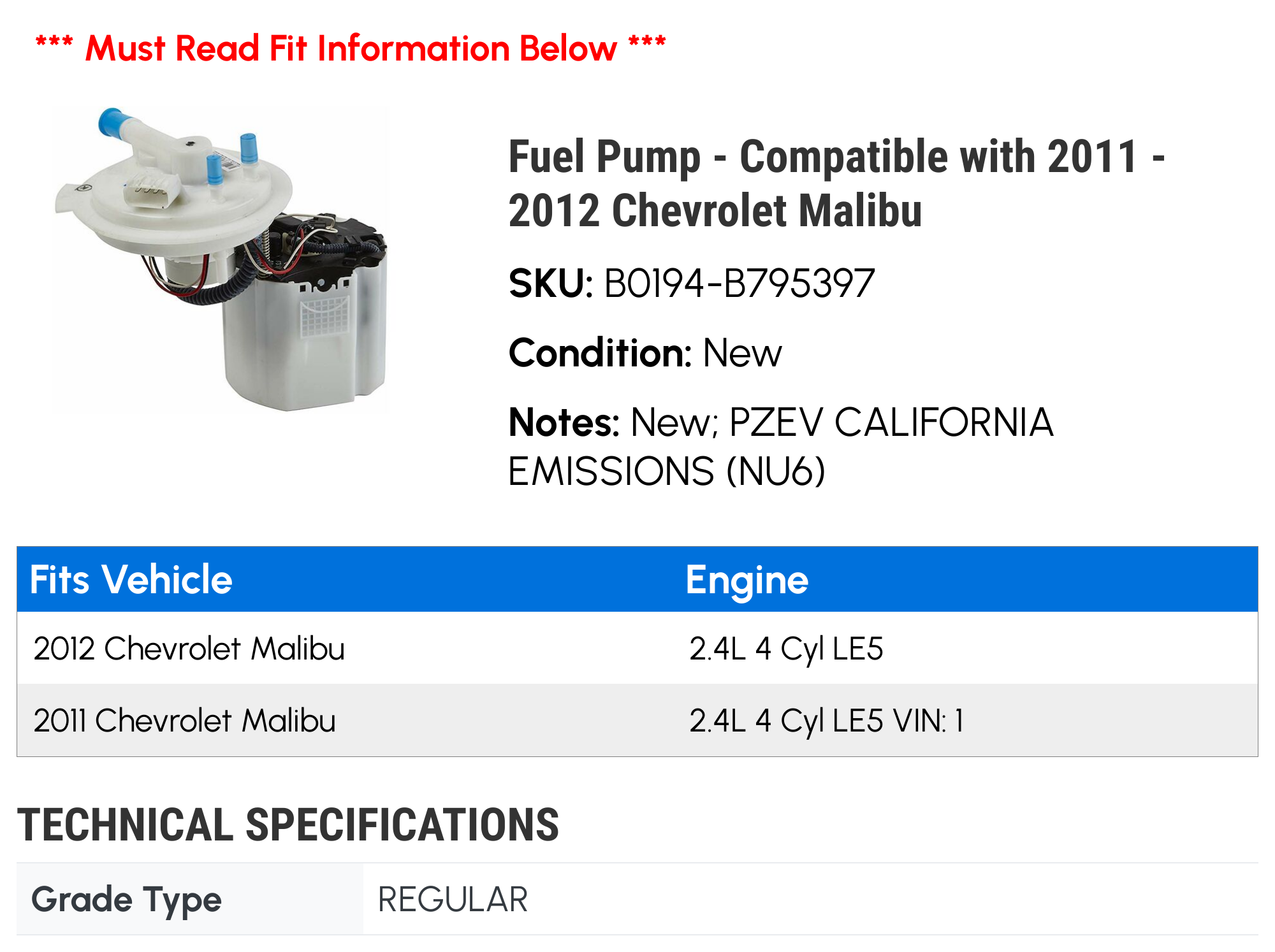 Fuel Pump - Compatible with 2011 - 2012 Chevy Malibu