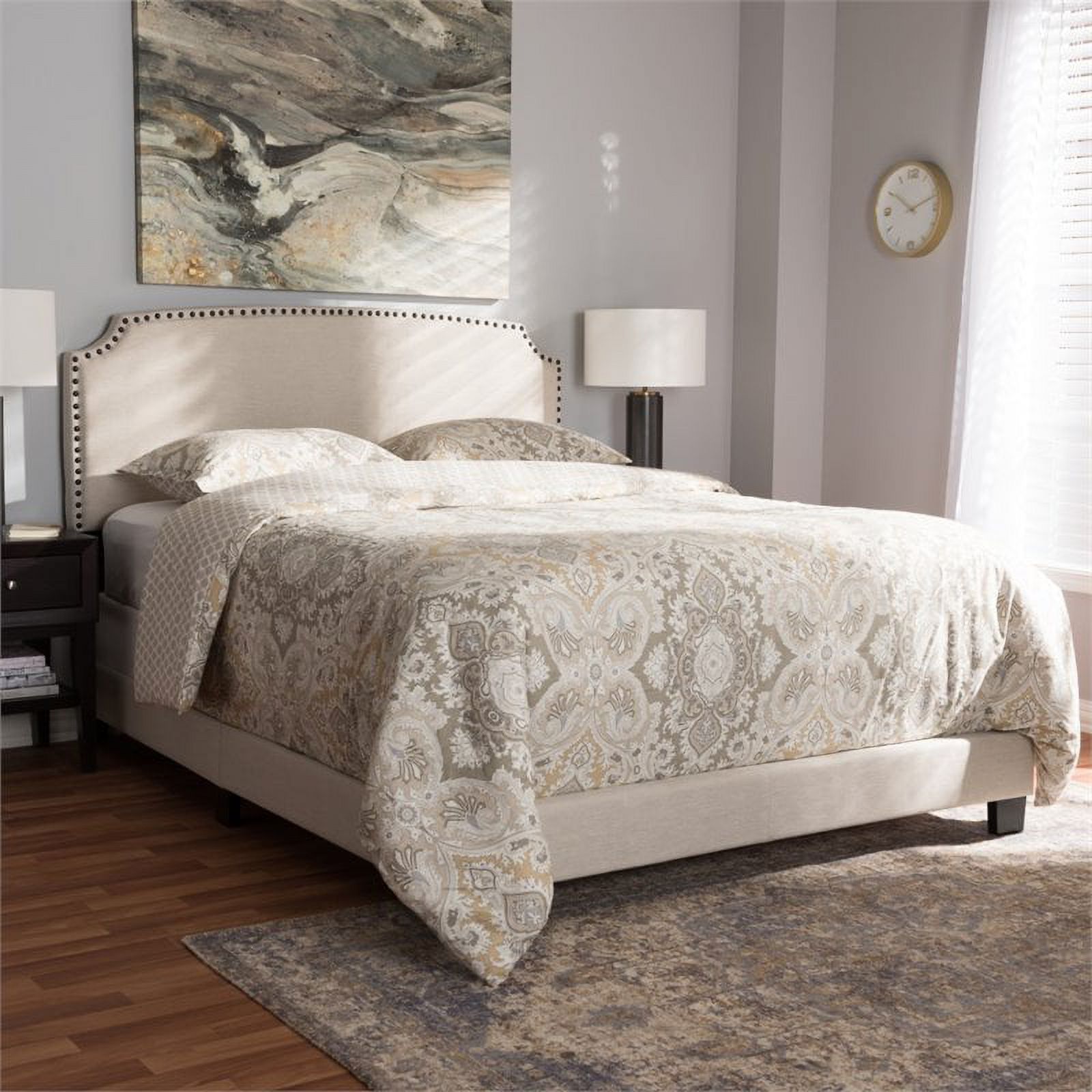 Bowery Hill Nailhead Upholstered King Bed in Light Beige