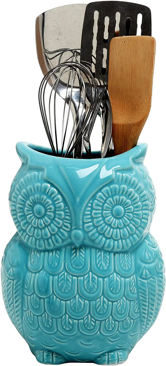 MyGift Kitchen Storage Crock, Large Owl Design Cooking Utensil Holder, Aqua Blue Ceramic