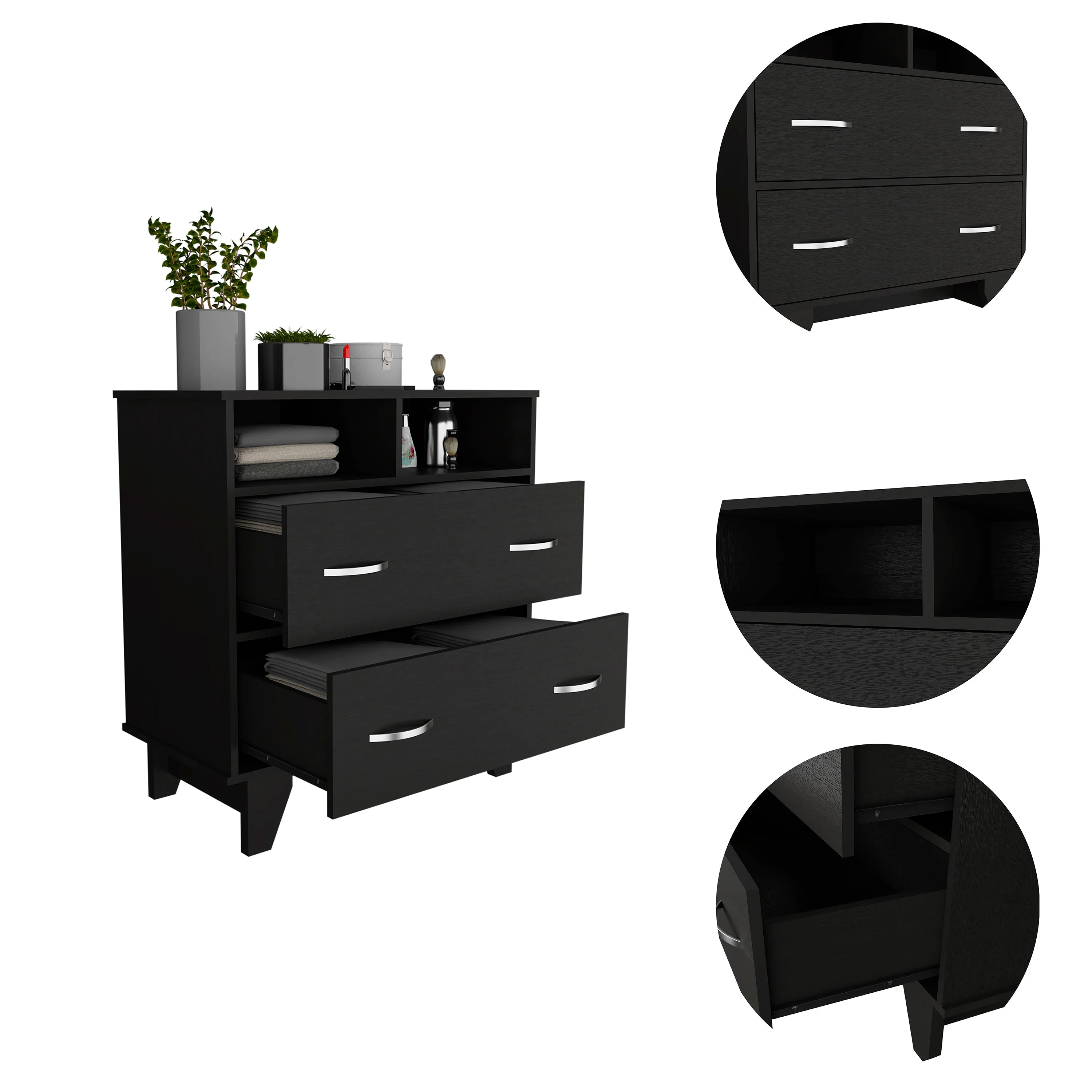Boahaus Selma Dresser, 2 Drawers and 2 Open Shelves, Black