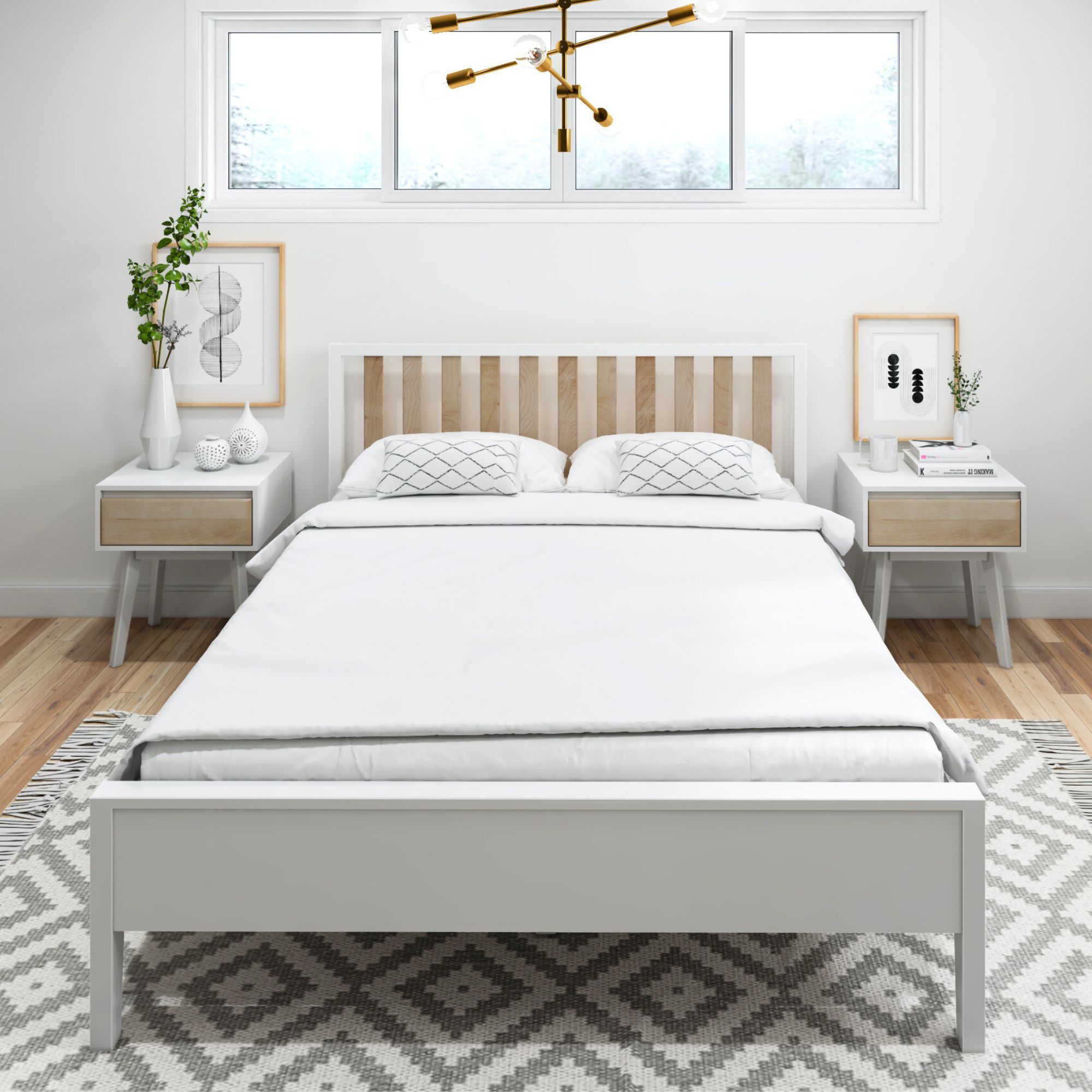 Plank+Beam Scandinavian Queen Bed Frame with Headboard, Solid Wood Adults Platform Bed, White/Blonde