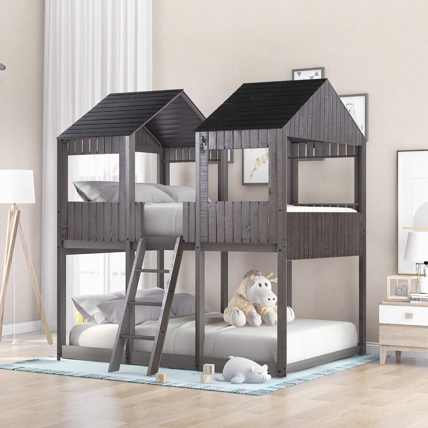 House Bunk Bed Full Over Full Size, Wooden House Bunk Beds Frame With Roof And Guard Rail, Floor Bunk Bed Frame For Kids, Teens, Girls & Boys (Full Over Full Bunk Bed, Antique Gray)