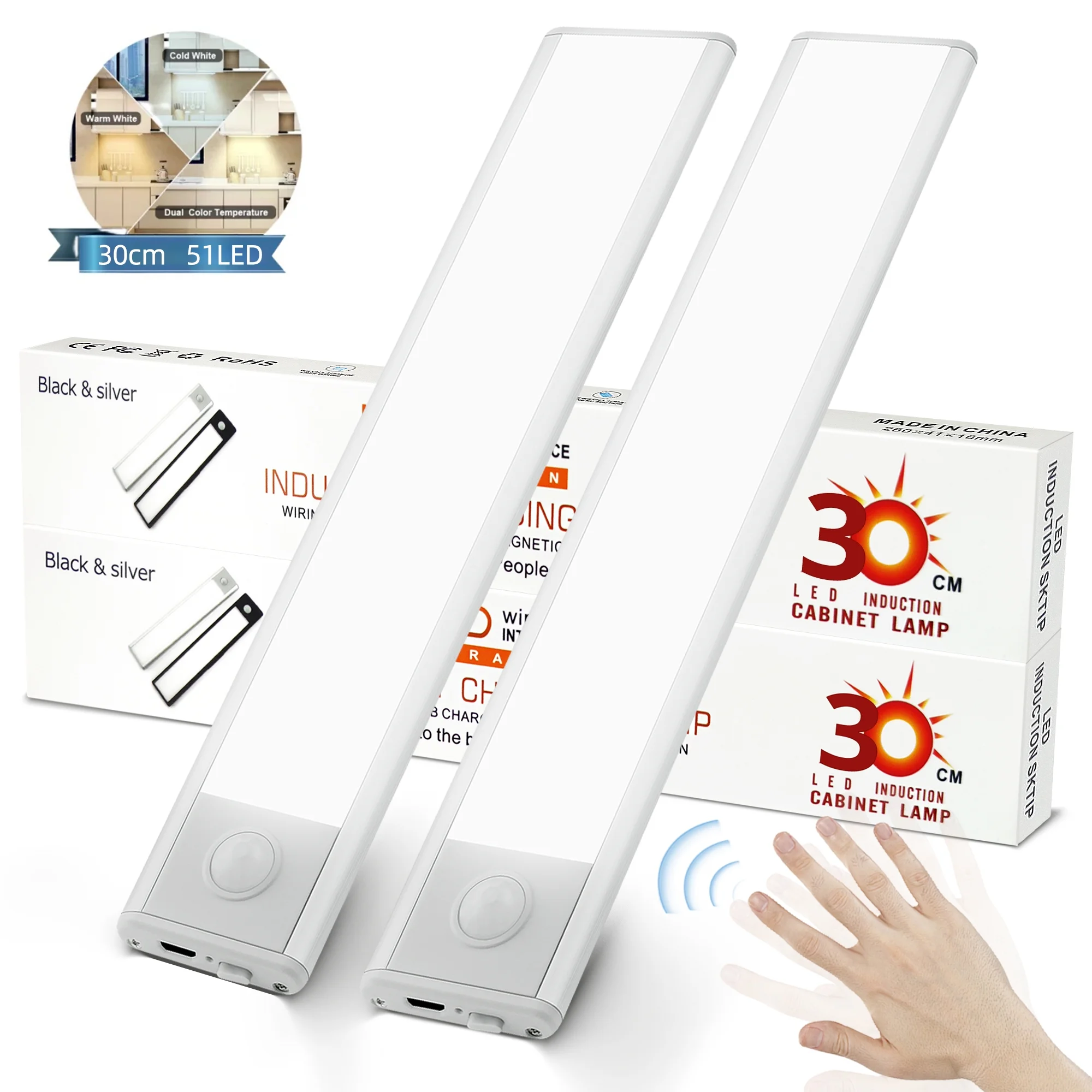 130 Lumens 51LED Under Cabinet Lights,USB Rechargeable Closet Lighting Kit with Motion Sensor and Magnetic Strip for Wardrobe,Kitchen Wireless Lighting,2Pack