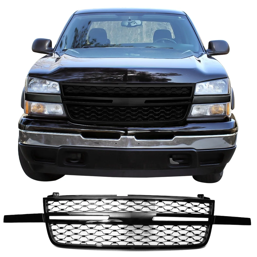 Ikon Motorsports Front Bumper Hood Grille Fits 05-07 Chevy Silverado 1500 2500HD 3500 Gloss Black