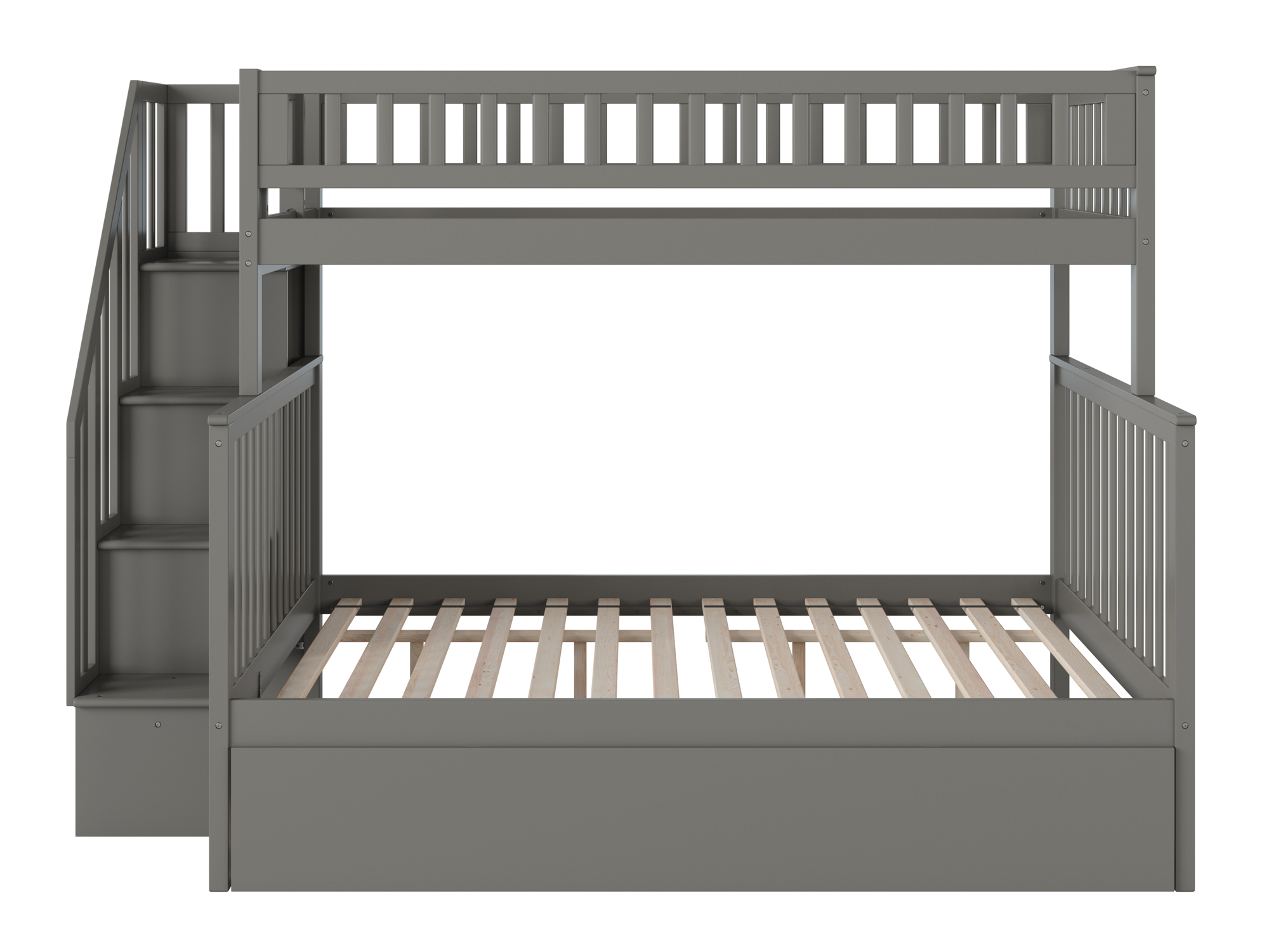 Woodland Staircase Bunk Bed Twin over Full with Twin Size Urban Trundle Bed in Grey