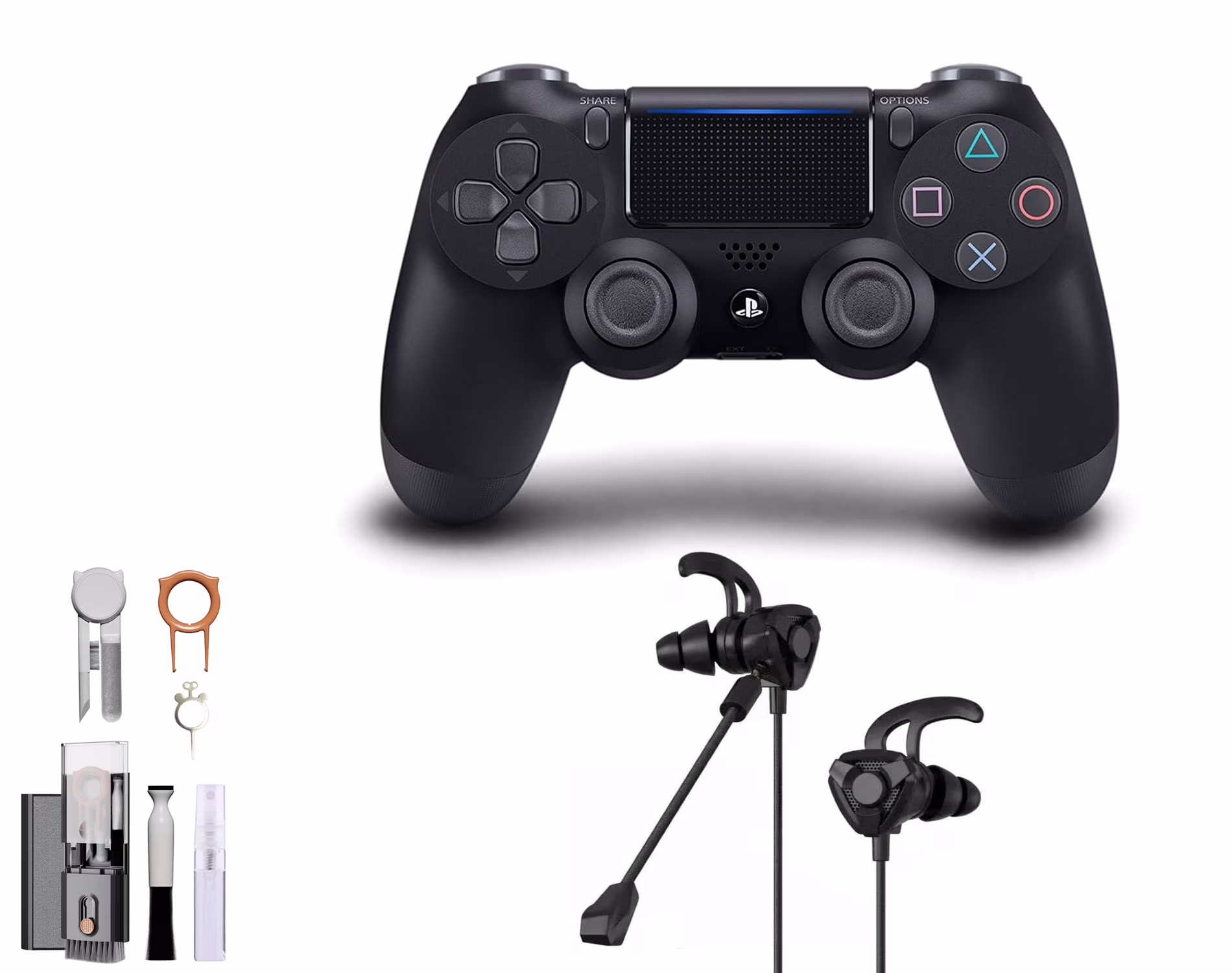 Sony Dual Shock Black Gaming Controller PS4 Console With Black Gaming Buds + Cleaning Kit BOLT AXTION Bundle Like New
