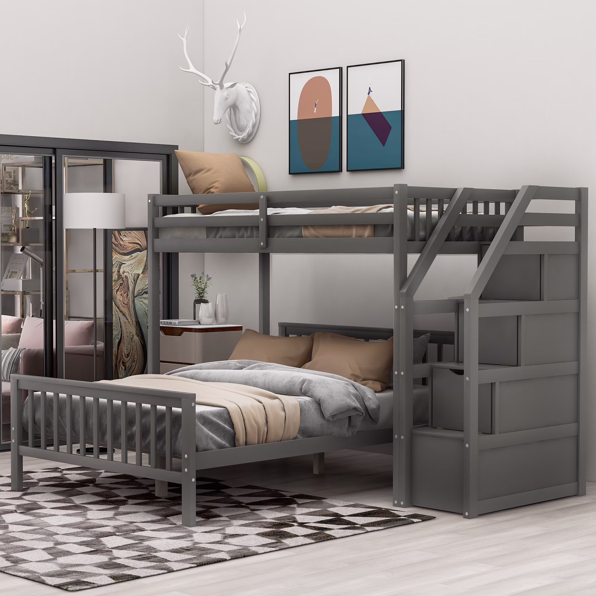 Dcenta Twin over Full Loft Bed with Staircase,Gray