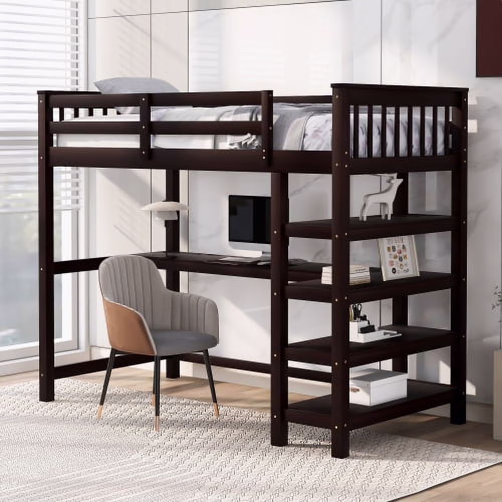 Twin Size Loft Bed with Storage Shelves and Under-bed Desk, Espresso
