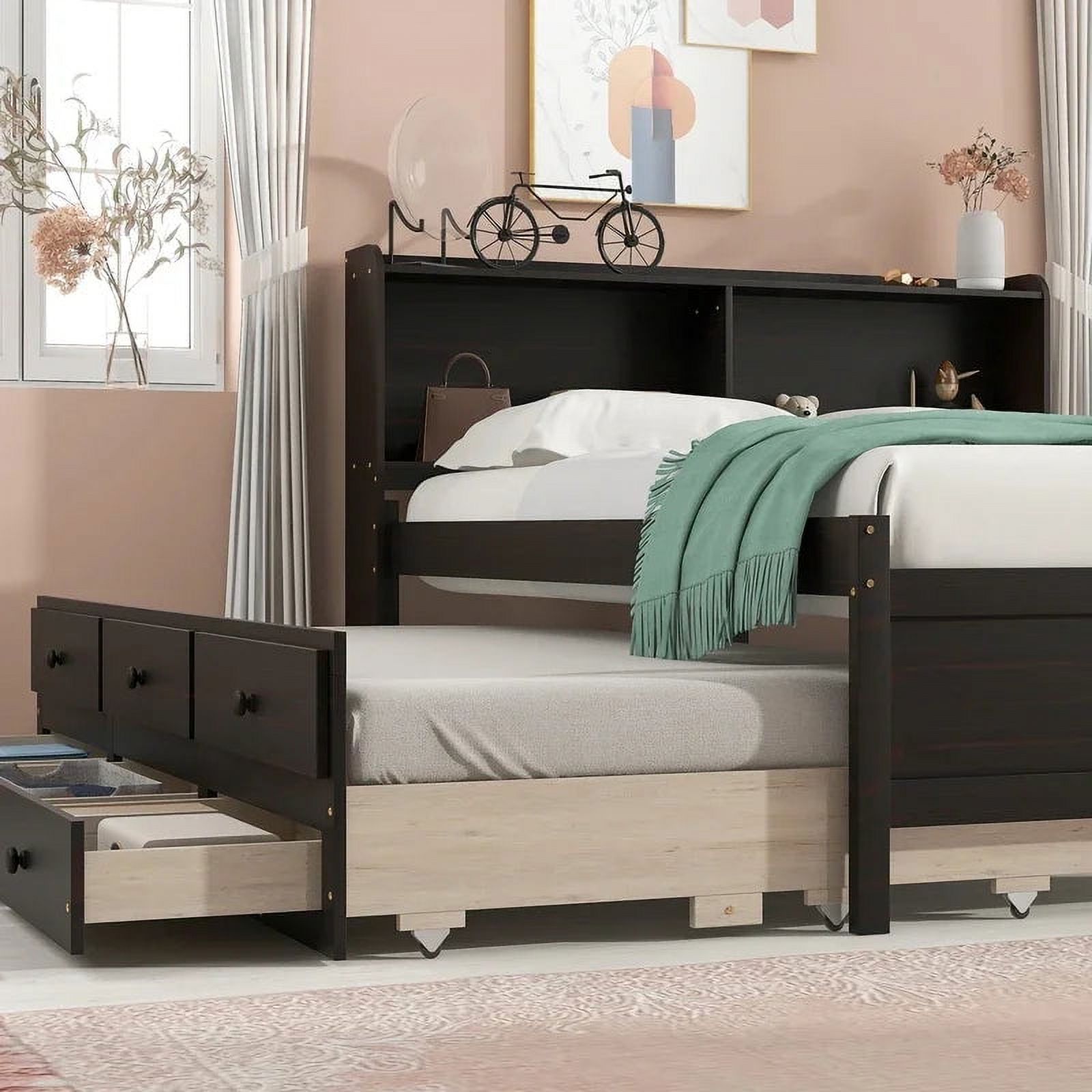 l Bed with Bookcase,Twin Trundle,Drawers,Espresso