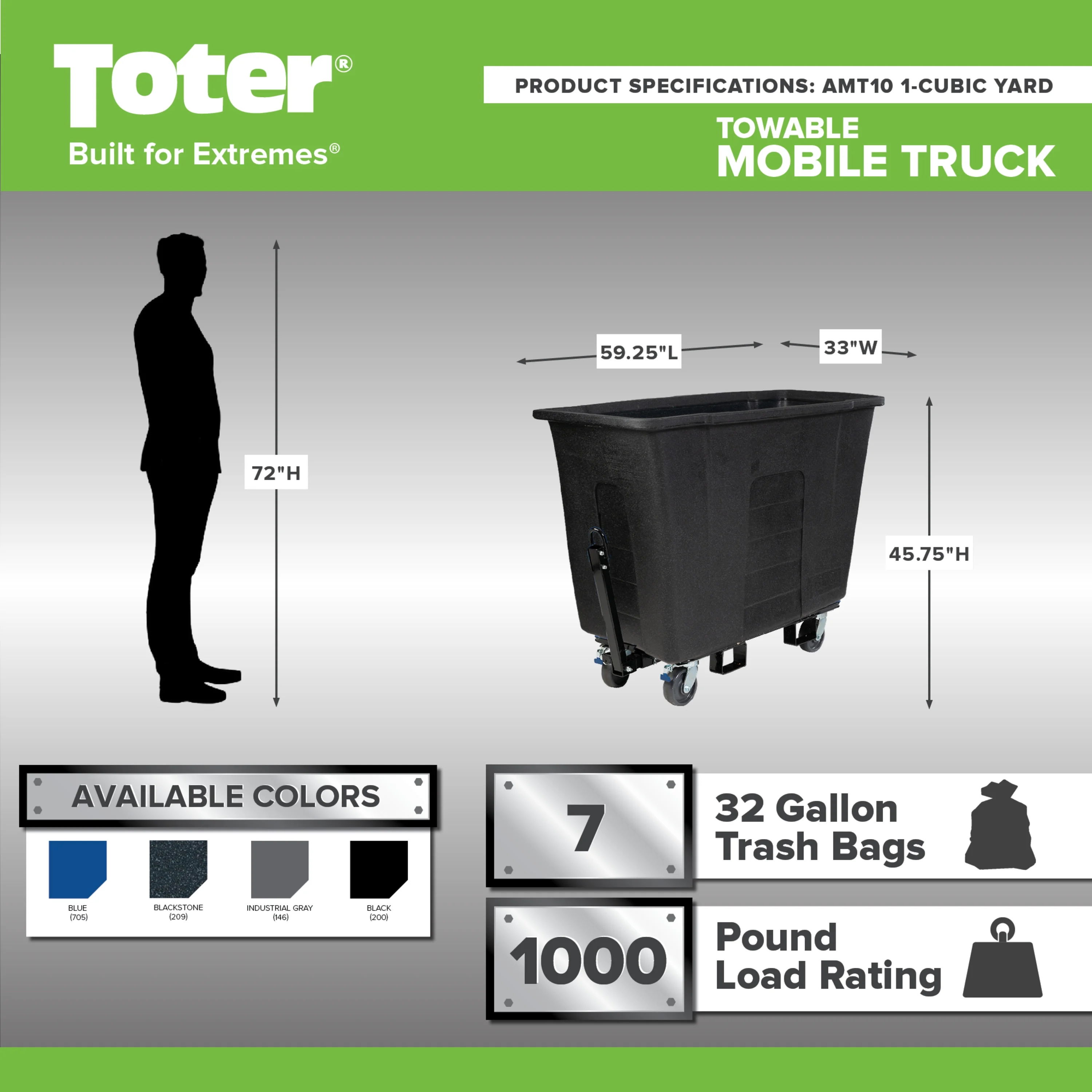 Toter 1 Cubic Yard 1,000 lbs. Capacity Towable Mobile Truck - Gray