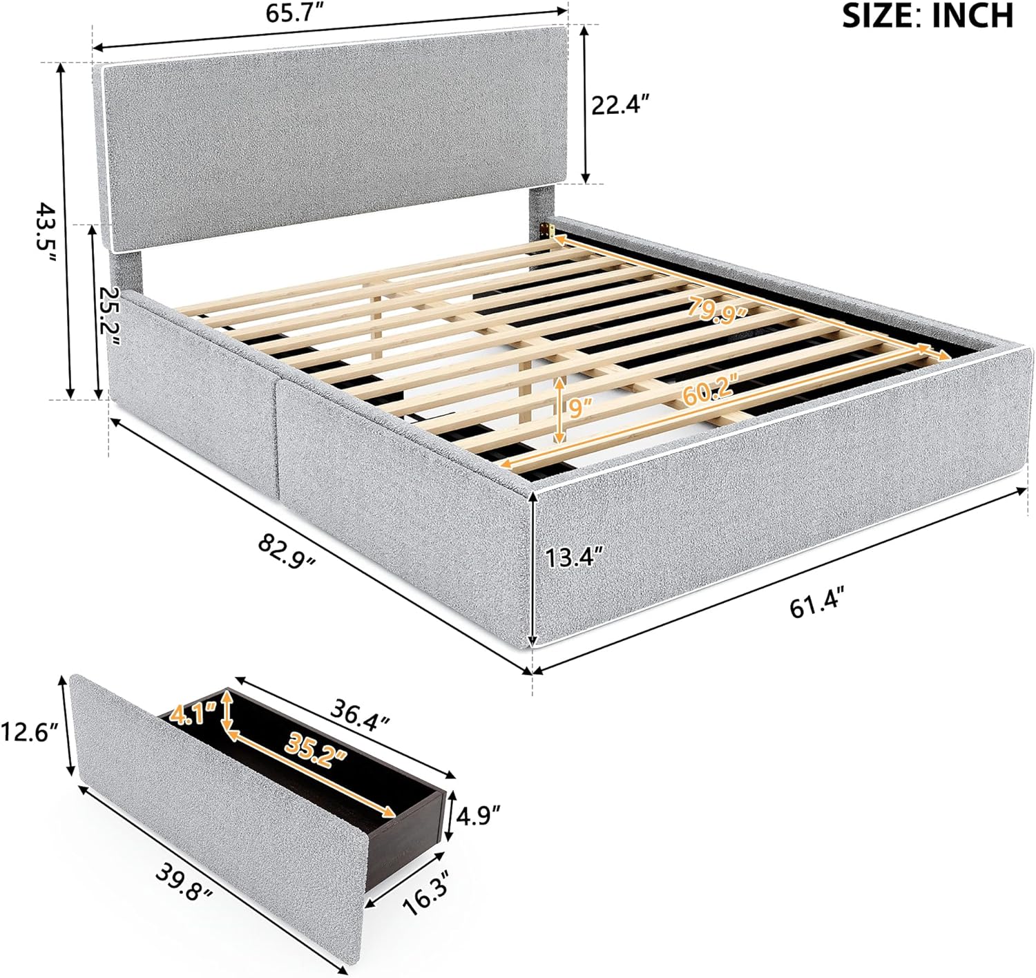 Queen Size Upholstered Platform Bed With 4 Storage Drawers, Headboard & Footboard, Fleece Fabric Queen Storage Bed Frame For Bedroom, Gray, HZG-SF000034AAE
