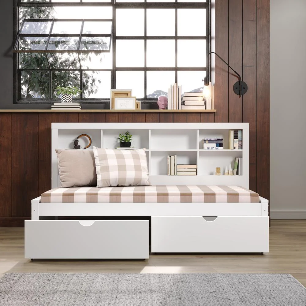 Twin Bookcase Day Bed in White w/ Dual Under Bed Drawers