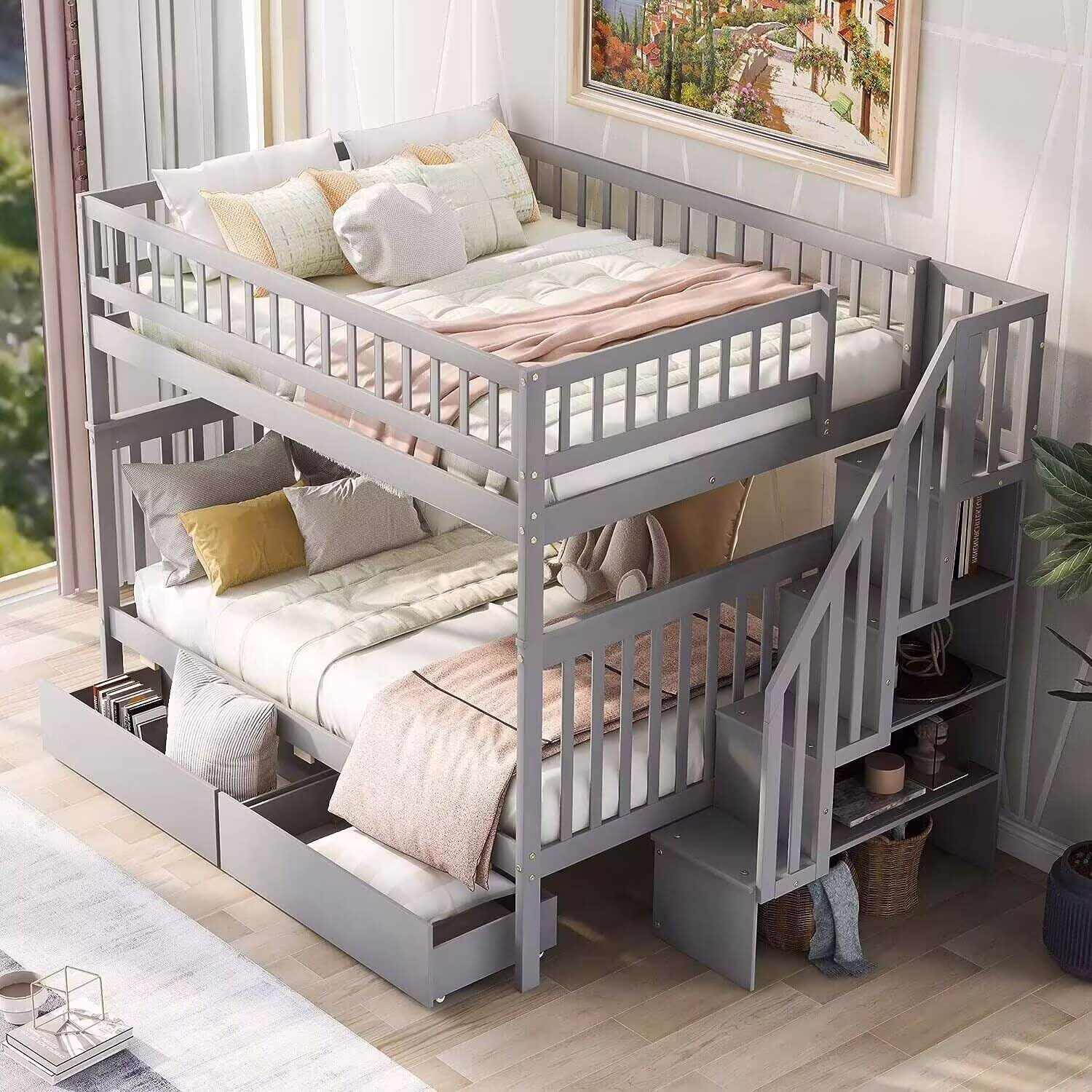Full Over Full Bunk Bed With Stairs, Solid Wood Bunk Bed With Storage Drawers For Kids Teens Adults - Gray